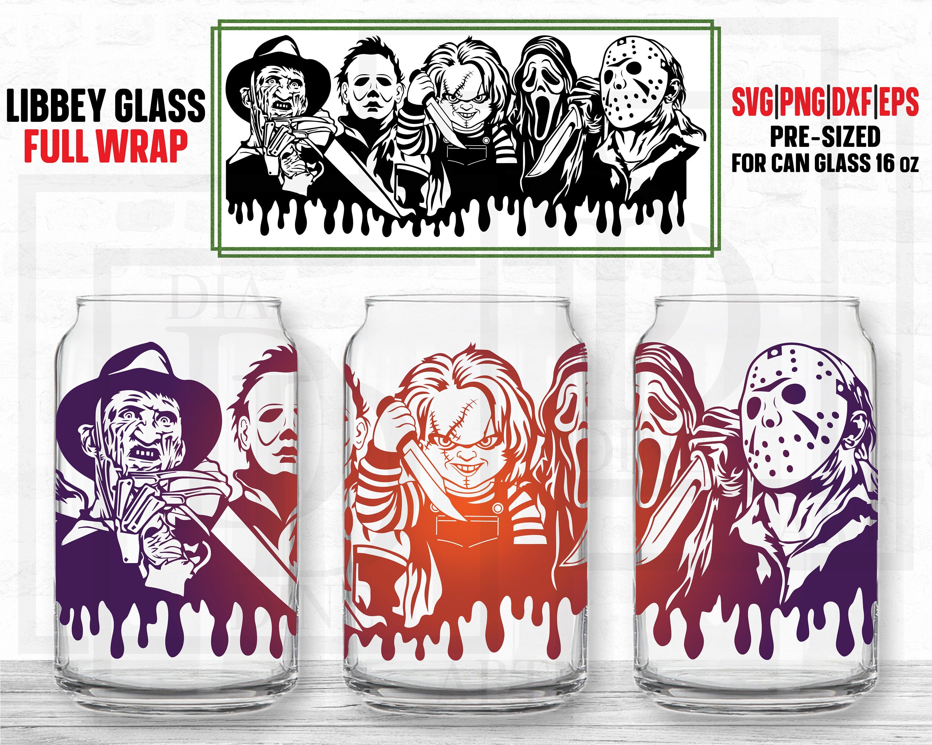 Horror Movie Full Wrap for Libbey Can Glass 16 oz svg, Halloween Can Glass svg, dxf, png, Cut File for Cricut, Silhouette