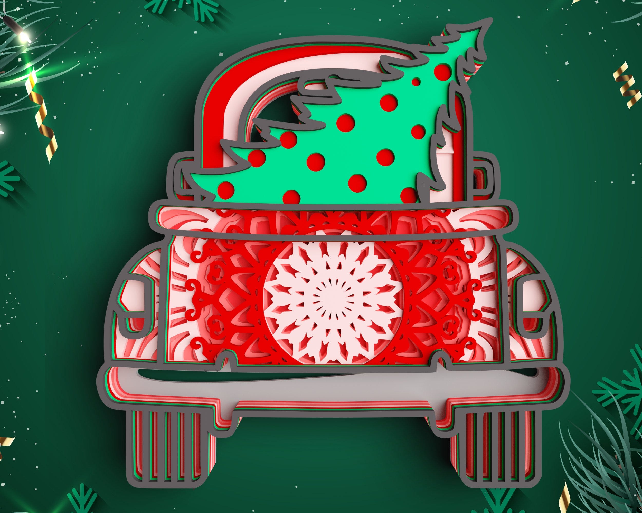 3D Christmas Truck SVG DXF - Red Truck Svg 3D Mandala Svg - Layered Mandala Cricut Projects, Laser Cut