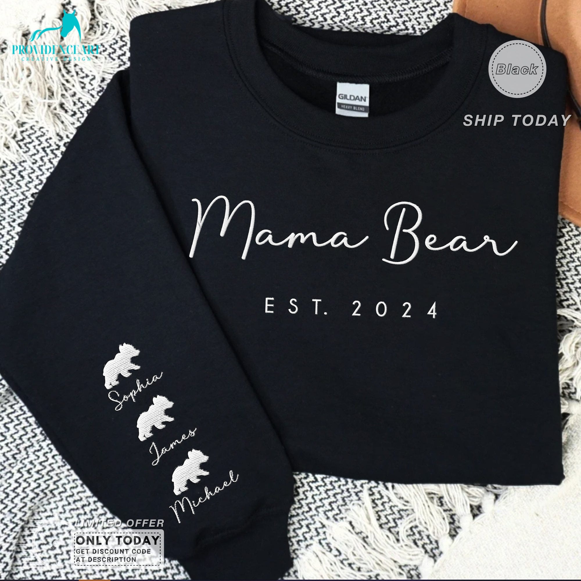 Custom Embroidered Mama Bear Est Sweatshirt with Kid Names, Funny Mother Day Gift for Mom, Personalized Name on Sleeve New Mom Gift