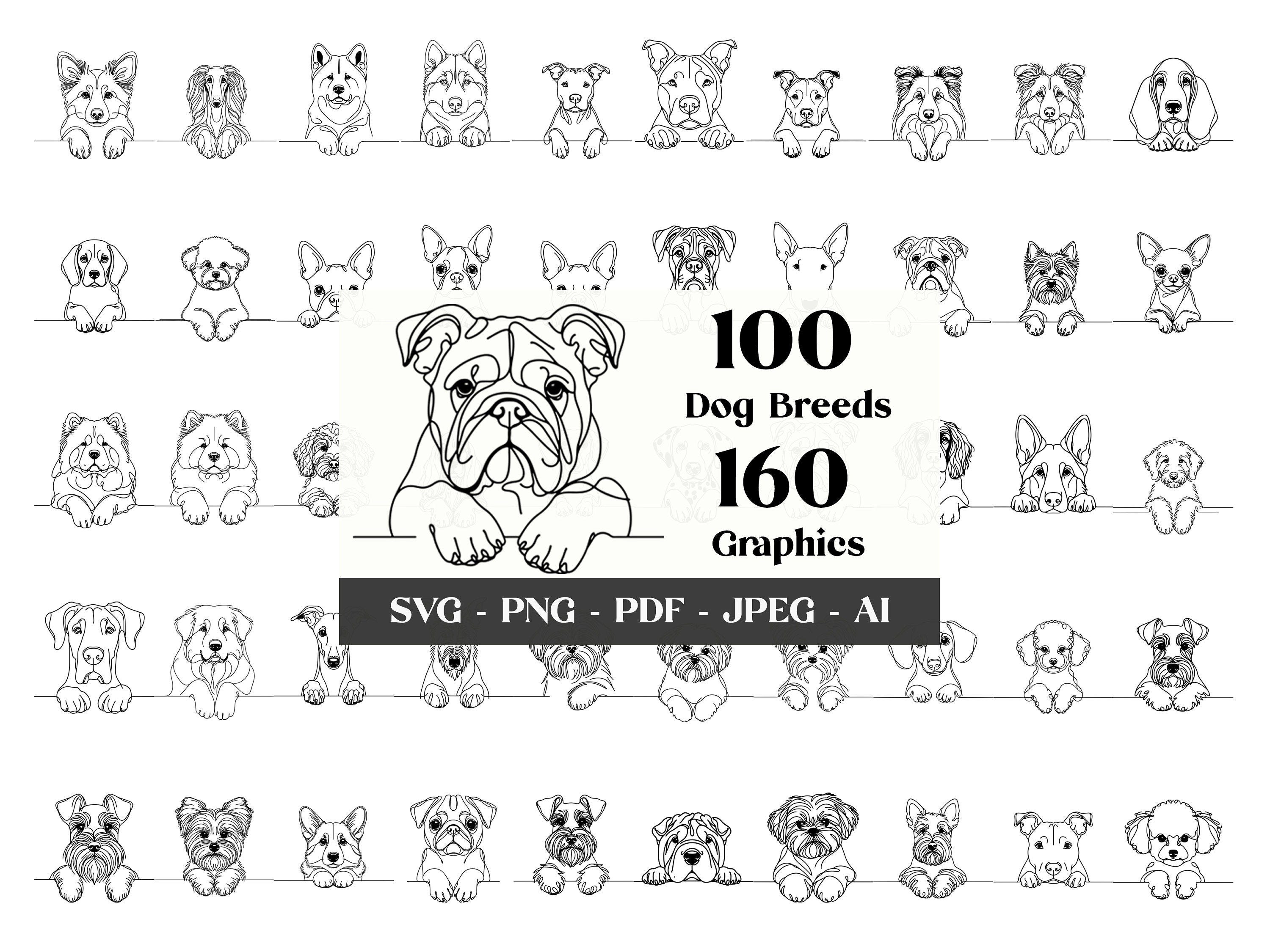 160 Dog SVG Clipart Bundle: 100 Dog Breeds in SVG, Digital Lineart Peeking Dog Clipart, SVG Files for Cricut, Sublimation, Digital Download
