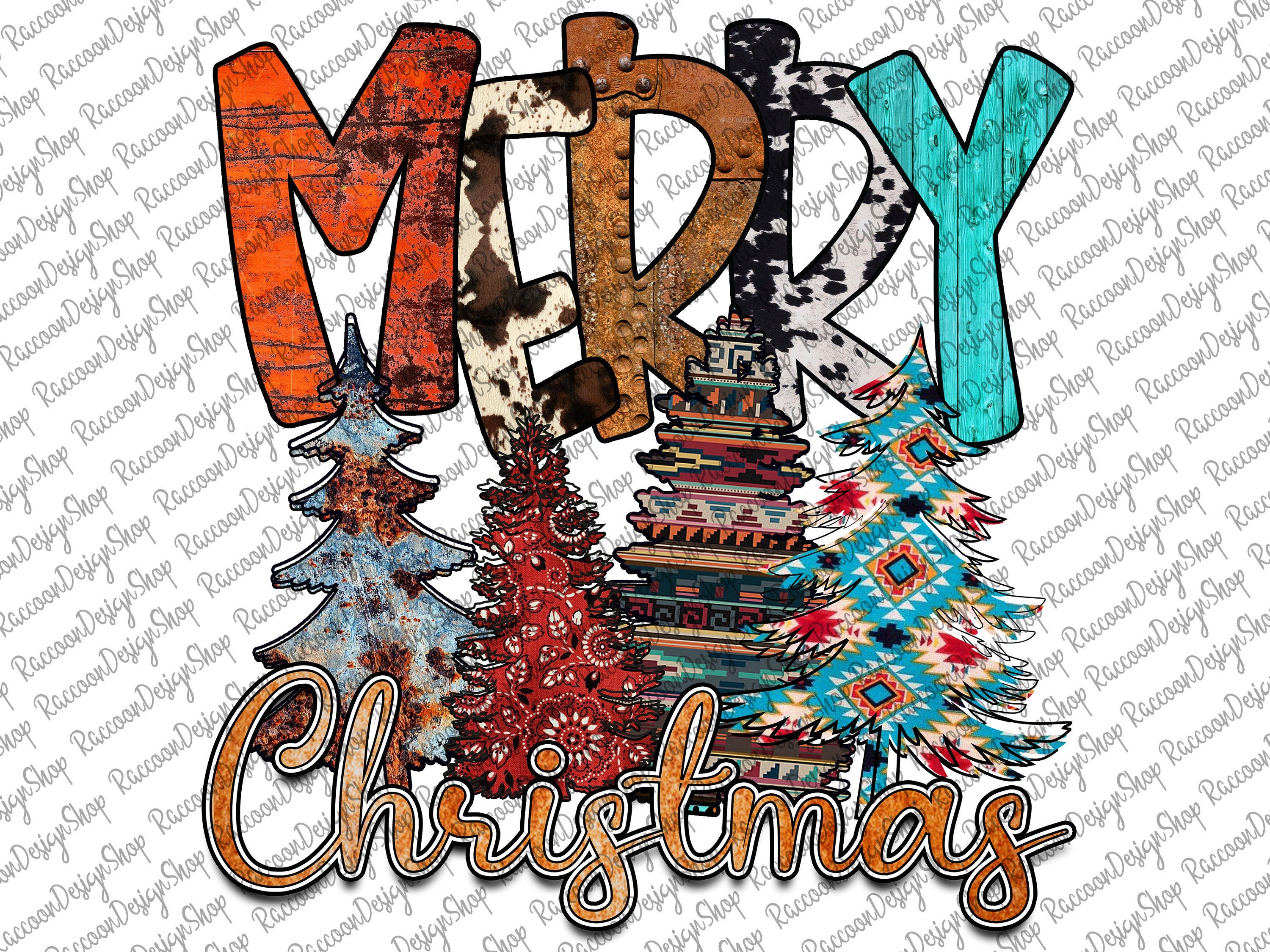 Merry Christmas Trees PNG, Sublimation Design, Digital Download, Cow Hide Png, Christmas Tree Western, Western Santa, Western Christmas Png