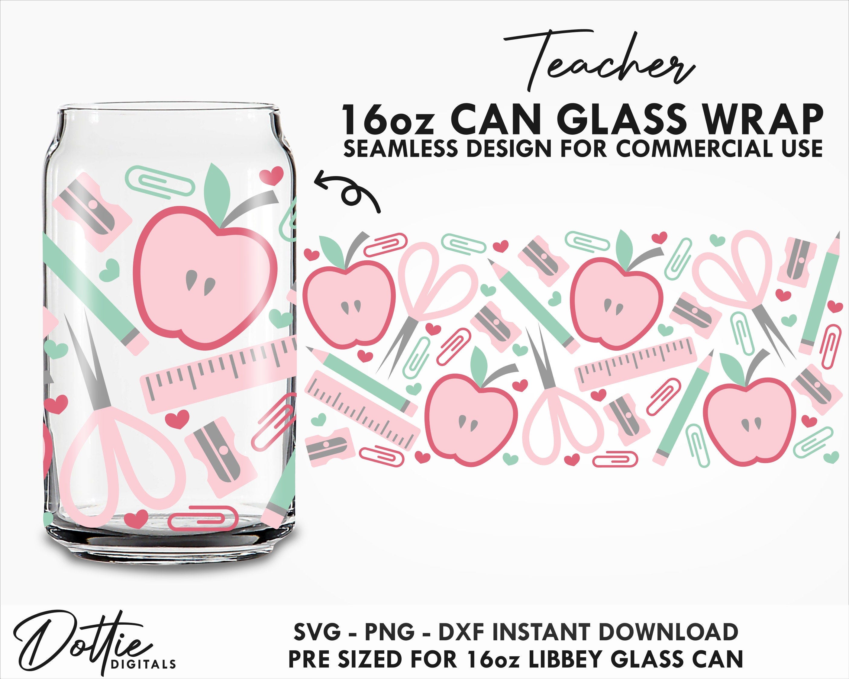 School Teacher Glass Wrap SVG Pencil Case Stationary Apple Elementary Kindergarten 16oz Can Svg PNG DXF Cup Cutting File Digital Download