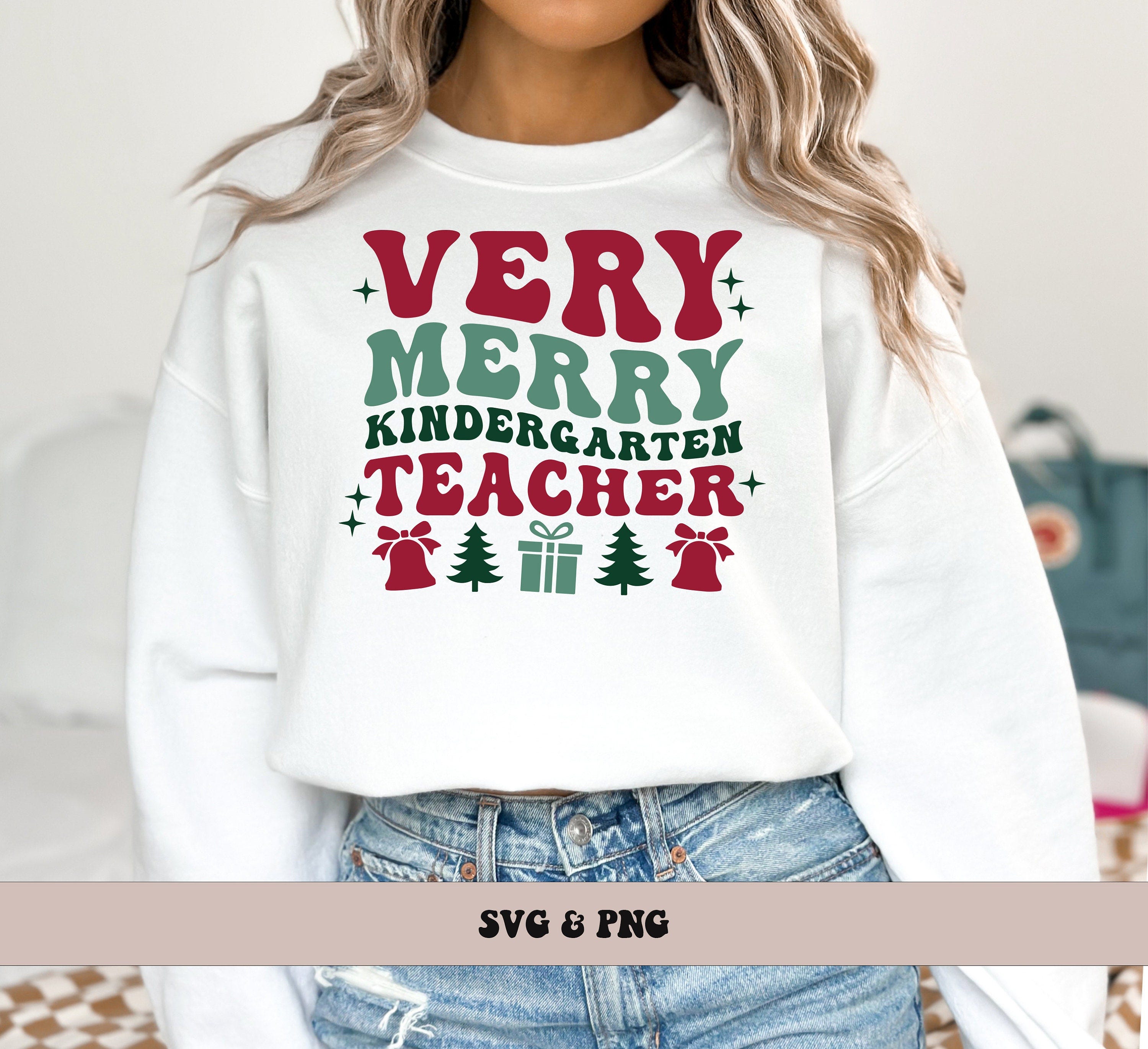Very Merry Kindergarten Teacher SVG and PNG Christmas Holidays Groovy Kindergarten Teacher Christmas SVG and png
