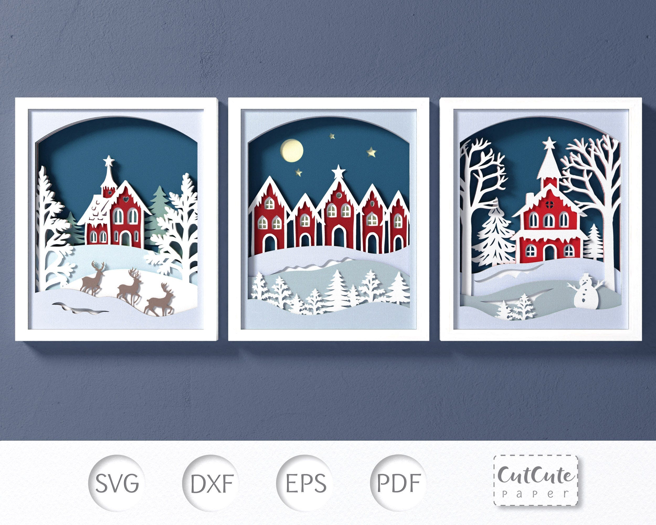 Christmas Village SVG Shadow Box Templates 8x10 inch, Winter Houses 3D SVG Bundle, Layered Cardstock Paper Crafts for Cricut, Reindeers SVG