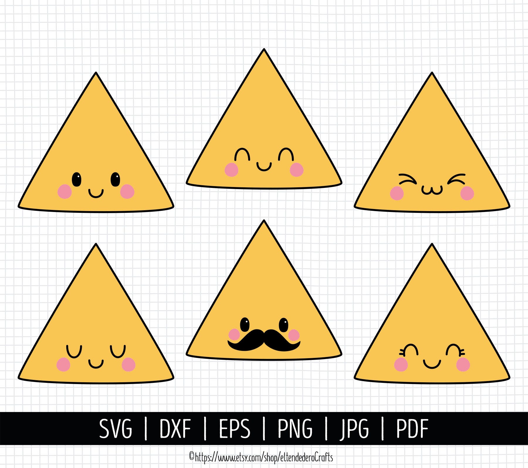 Nacho SVG. Cinco de Mayo Cut Files. Mexican Food SVG, Kawaii Nacho with Mustache PNG Clipart. Cute Face Shirt Vector for Cutting Machine