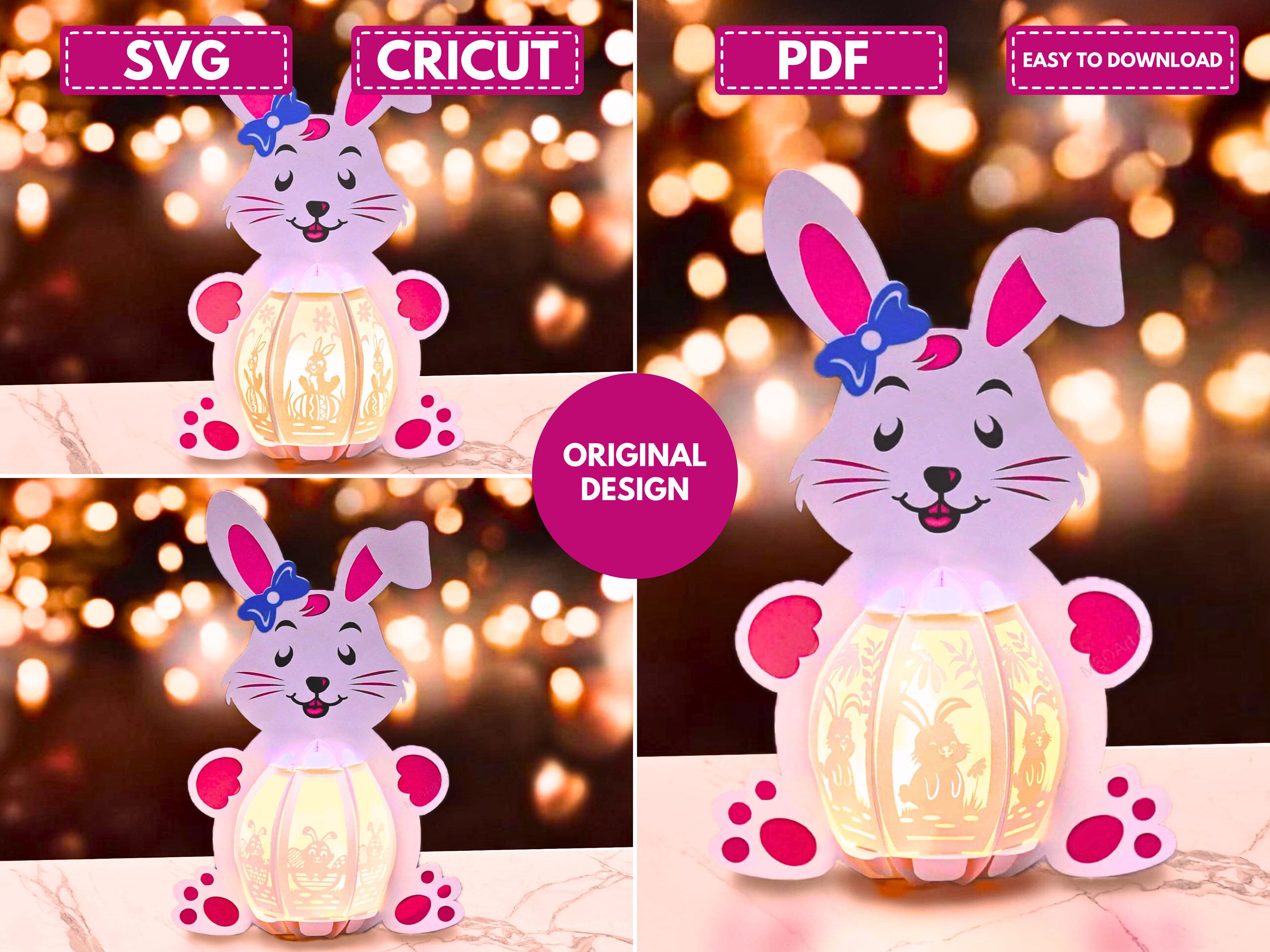 Pack 3 Cute Bunny Easter Lanterns PDF, SVG Light Box for Cricut Projects, Cameo4, ScanNcut, Easter Sphere Popup, DIY Lantern with Rabbit