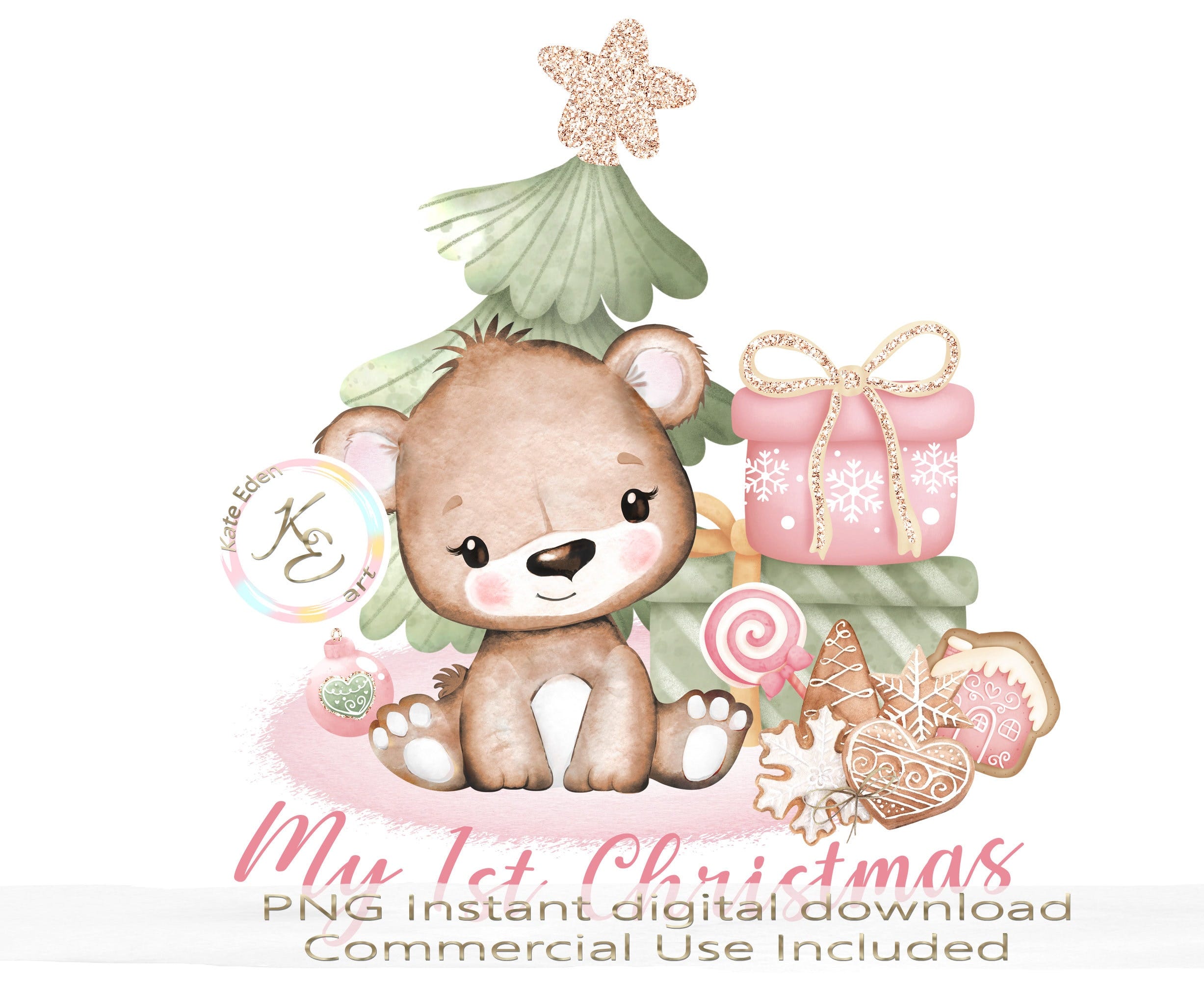 My 1st Christmas PNG, Christmas Tree and Teddy Bear, Christmas Printables, Baby