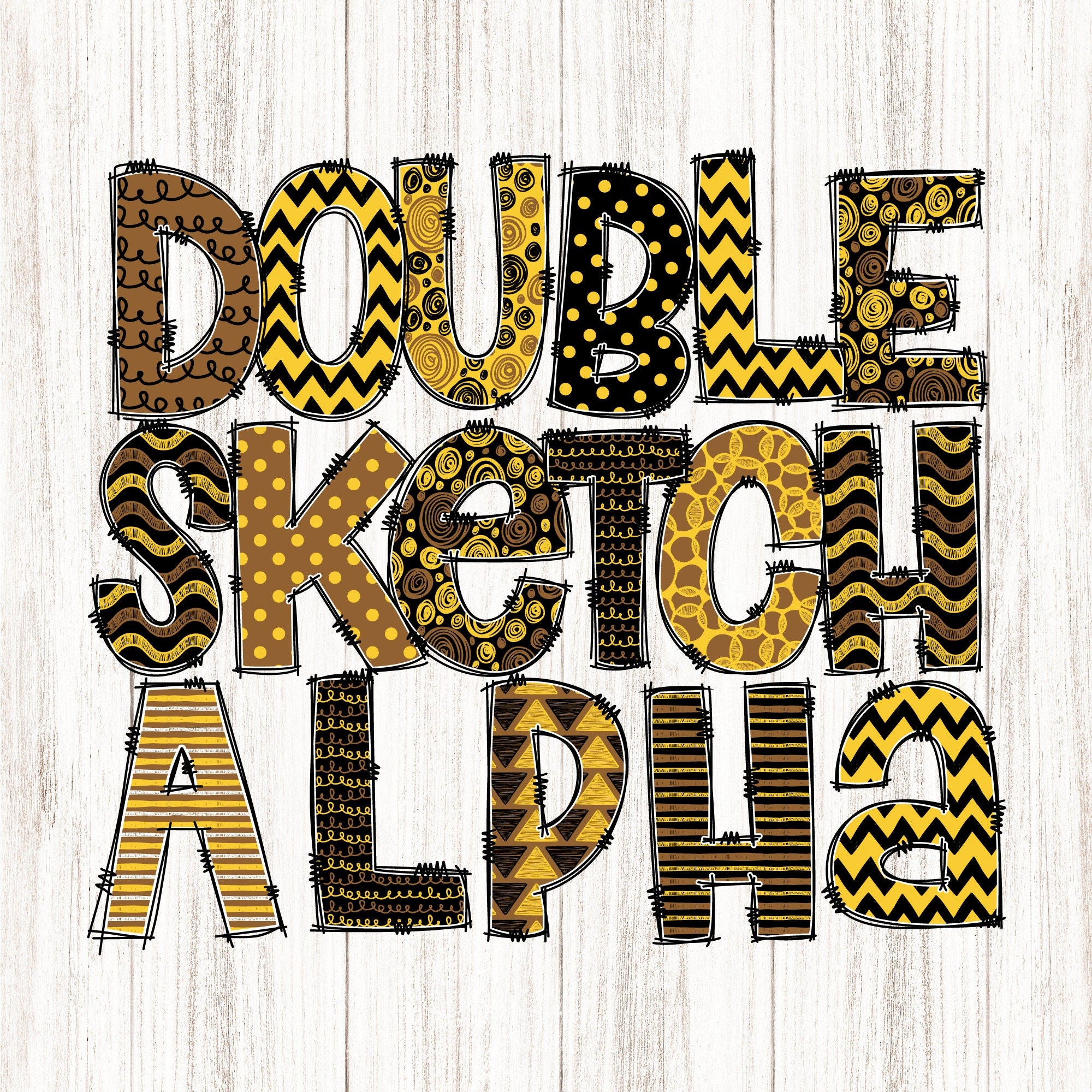 Alphabet Doodle PNG Bundle, Double Sketch Alpha, Pattern Filled Letters for Mix n Match, Gold Yellow Brown Black Peanuts, Chevron, Stripes