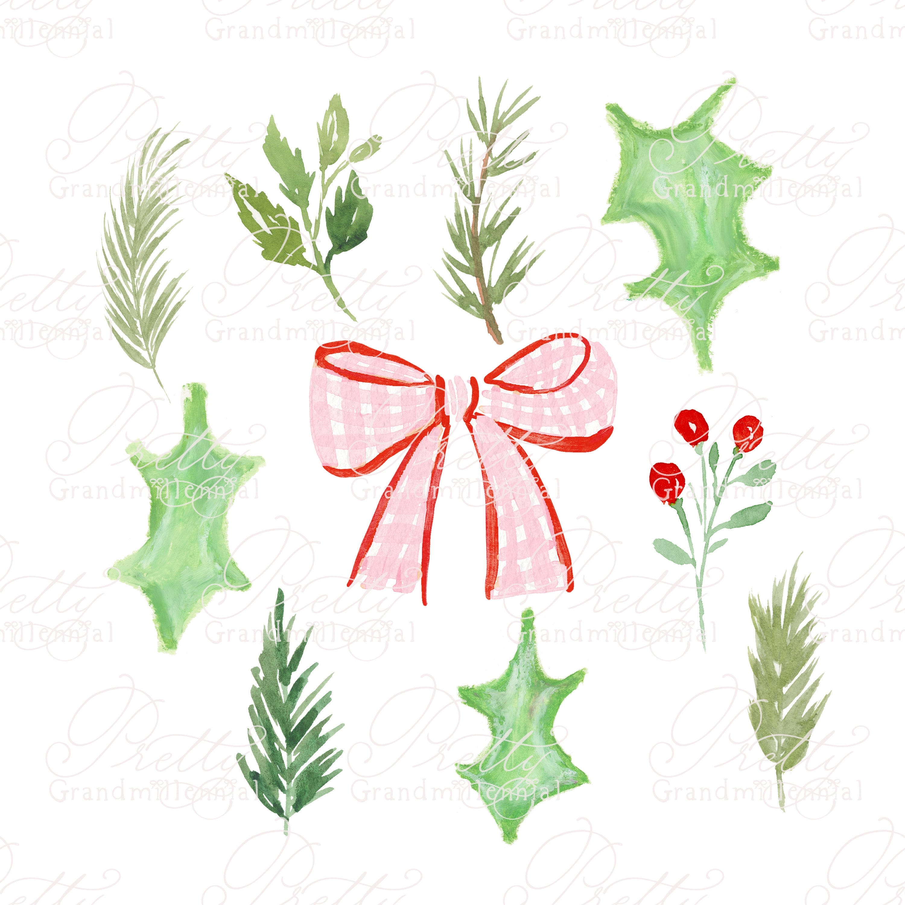 Watercolor Christmas clipart, gingham bow clipart, Christmas holly clipart, watercolor holly clipart, berries, leaves, grandmillennial