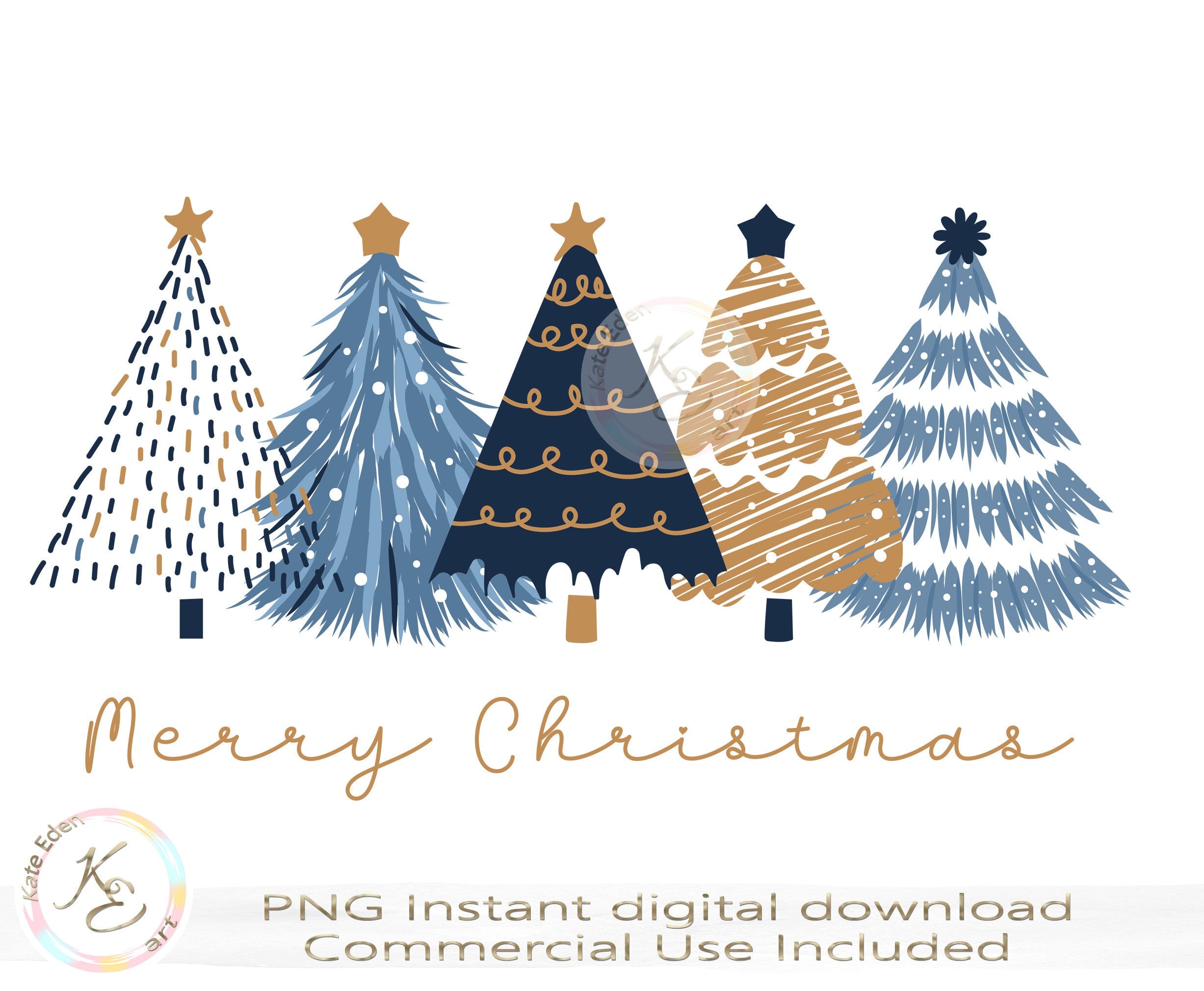 Merry Christmas PNG, Christmas Trees PNG, Digital download, Christmas Shirt Design, Christmas Sublimation, Minimalist, Blue and Gold, Navy