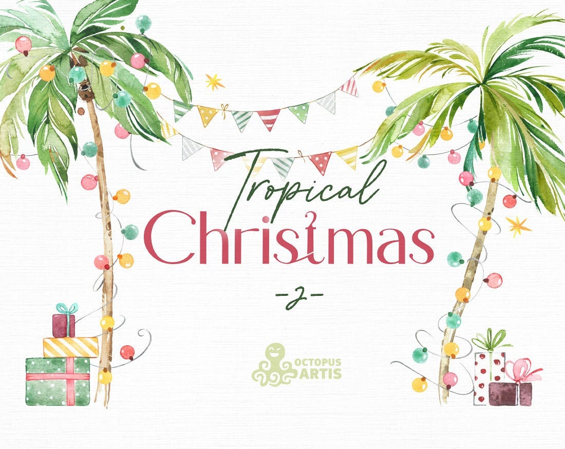 Tropical Christmas 2. Watercolor holiday clipart, palm tree, decor, lights, garland, Miami, Florida, south, beach, holly, greeting, banting
