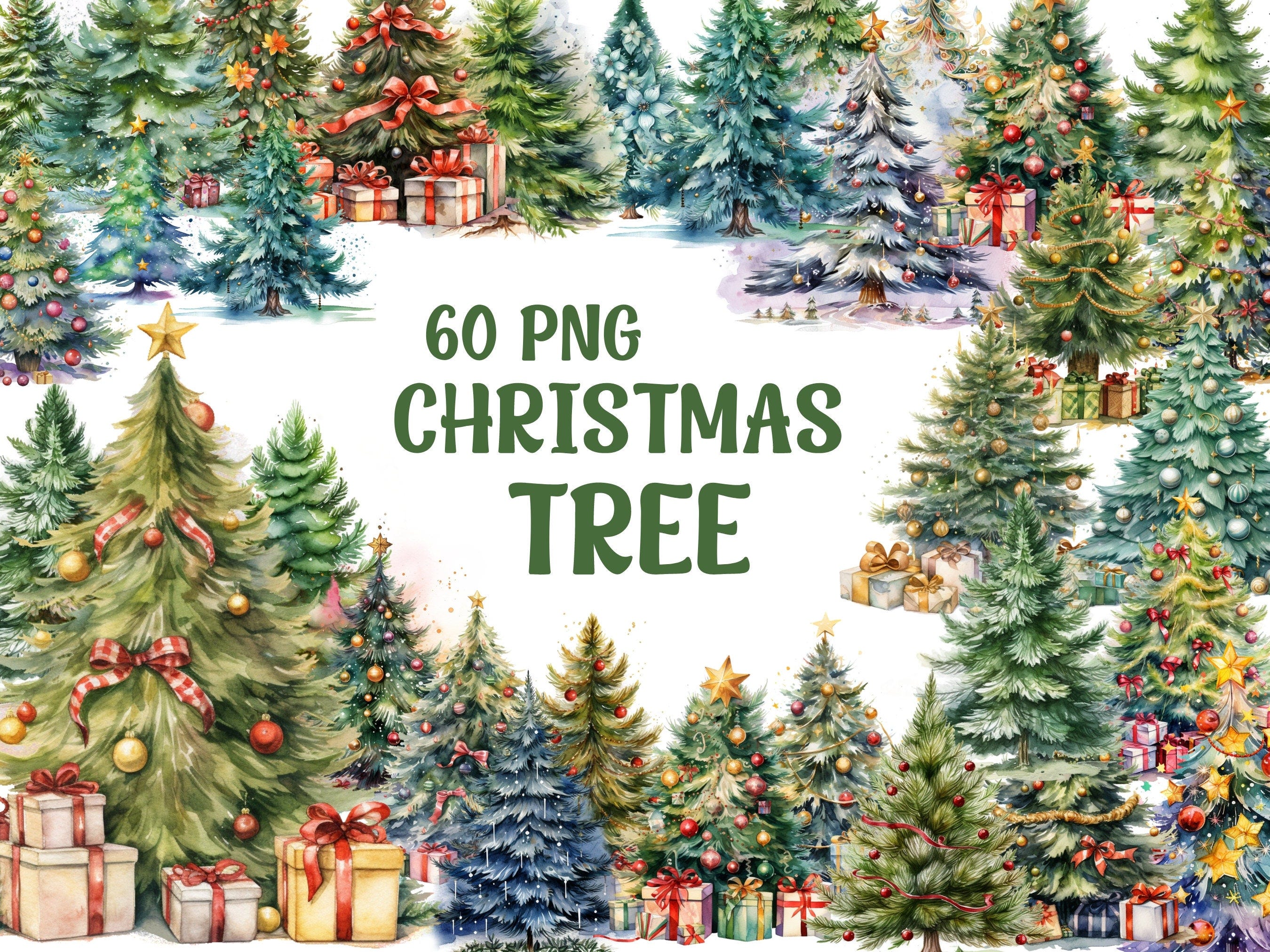 Watercolor Christmas Tree Clipart, Christmas Tree Png, Christmas Decor, Transparent Background, Premium Quality, 60 Png Christmas Tree Bundl