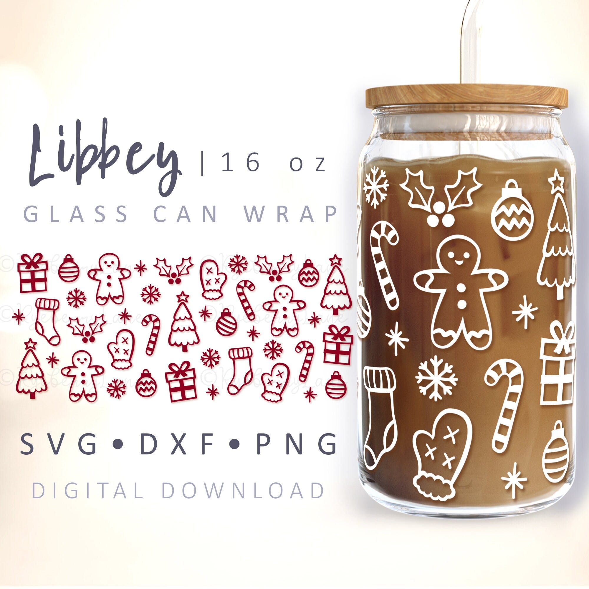 Christmas Can Glass Wrap SVG Gingerbread Glass Stockings Snowflakes Holly Candy Canes Minimalist Trees Hand Drawn 16 oz Libbey Wrap Cut File