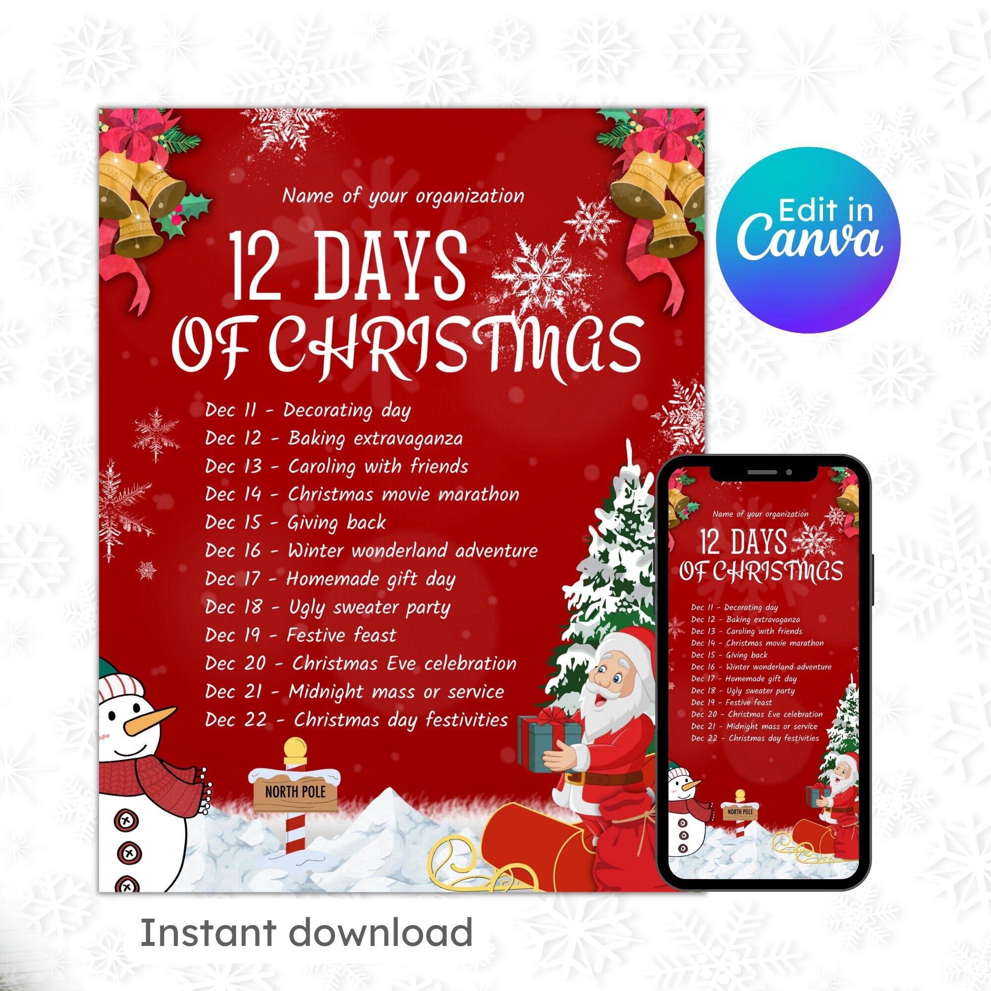 12 days of Christmas flyer school pto pta content calendar holiday post Santa Claus teacher appreciation editable instant download