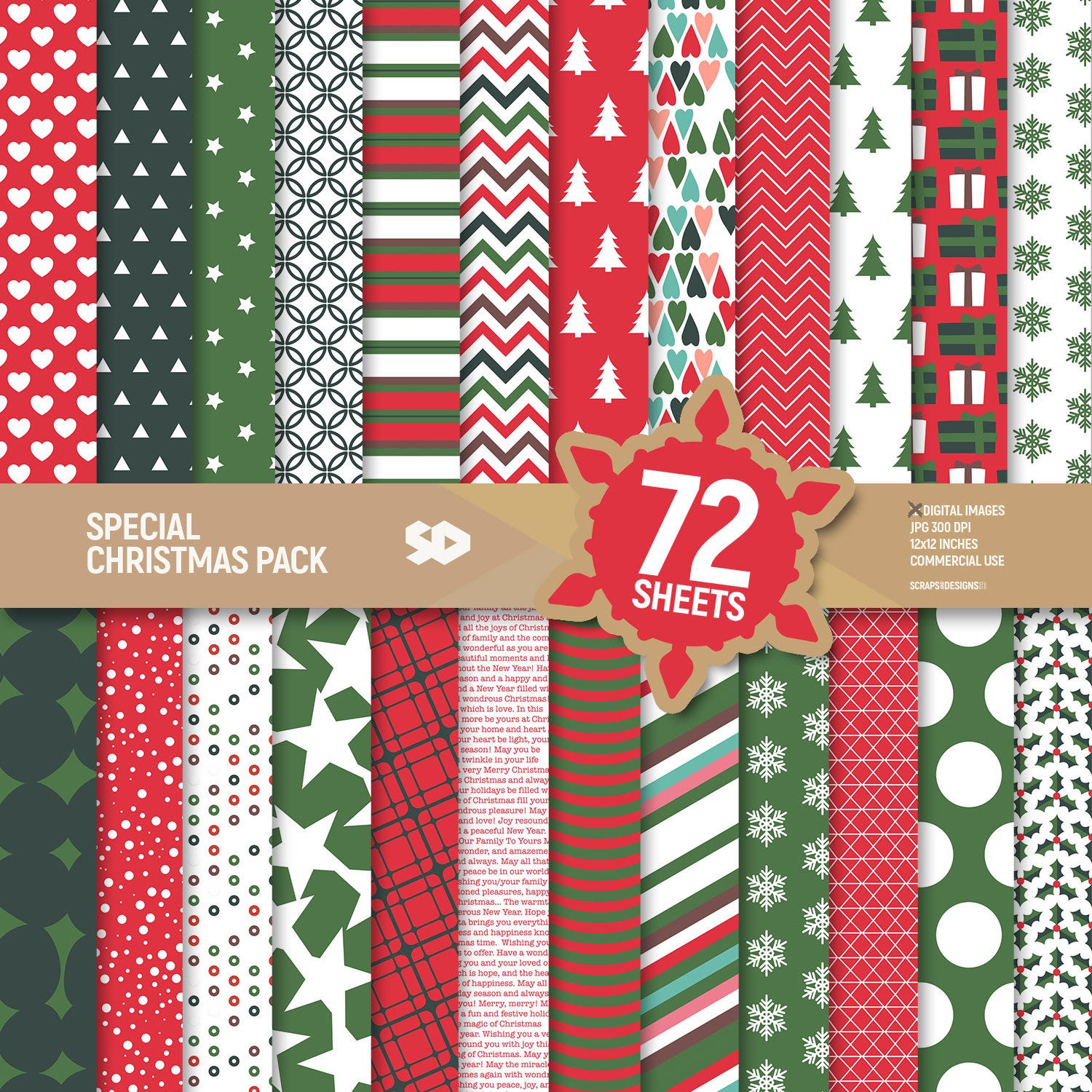 72 Christmas digital paper pack. Christmas scrapbooking pages, Xmas background, Christmas scrapbook sheets pattern printable. Commercial use