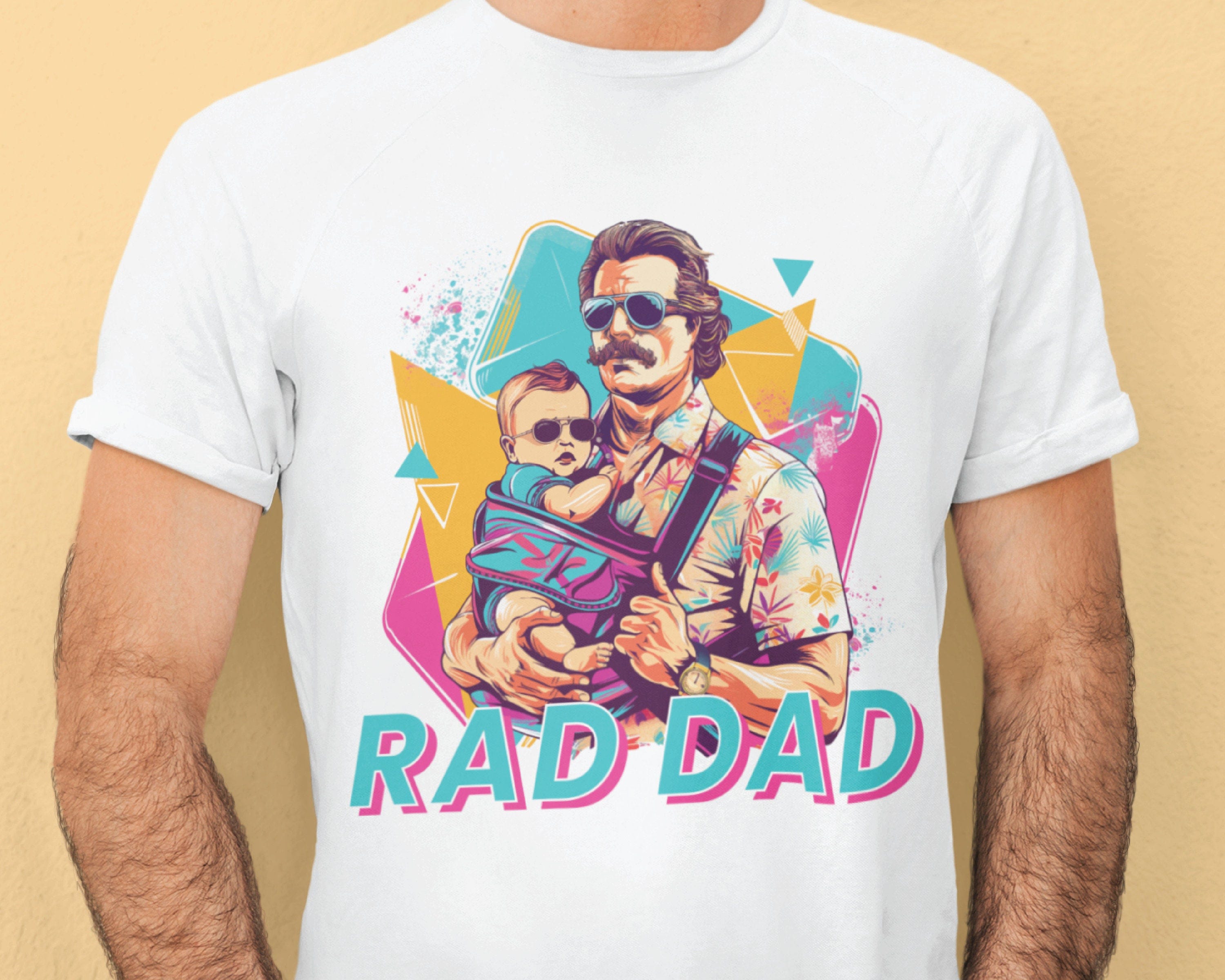Rad Dad 1990s Retro Vintage Style Soft Cotton T-Shirt | Cool Dad Holding Baby Graphic Tee | Perfect Gift for Fathers | Gift for Him