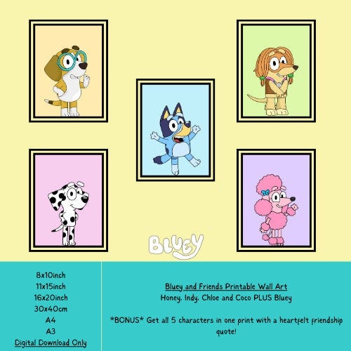 Bluey and Friends Printable Wall Art Set