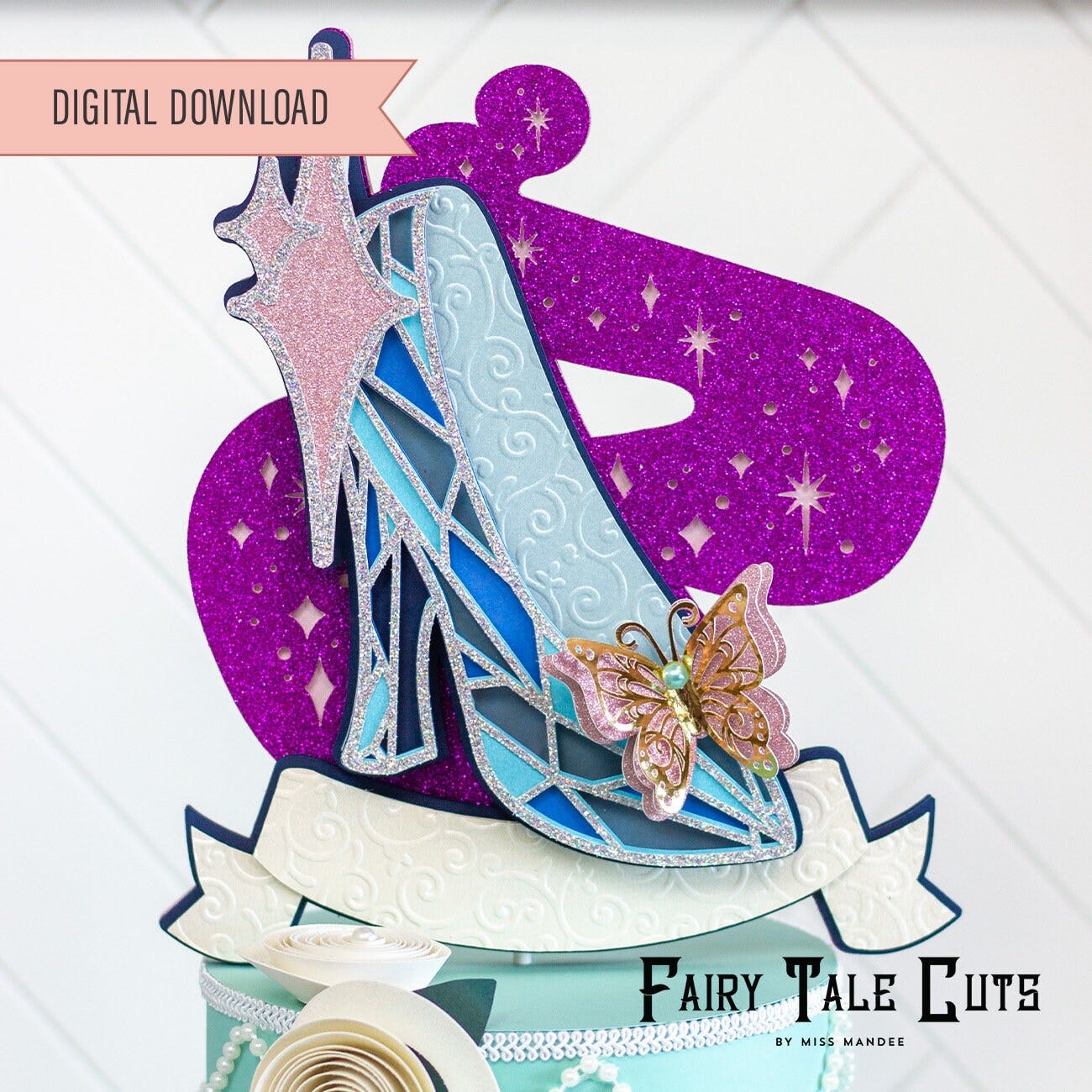 Glass Slipper Cake Topper File Design - Princess Cut File - Digital Download - SVG, Vector, Cricut, Silhouette, Clip Art