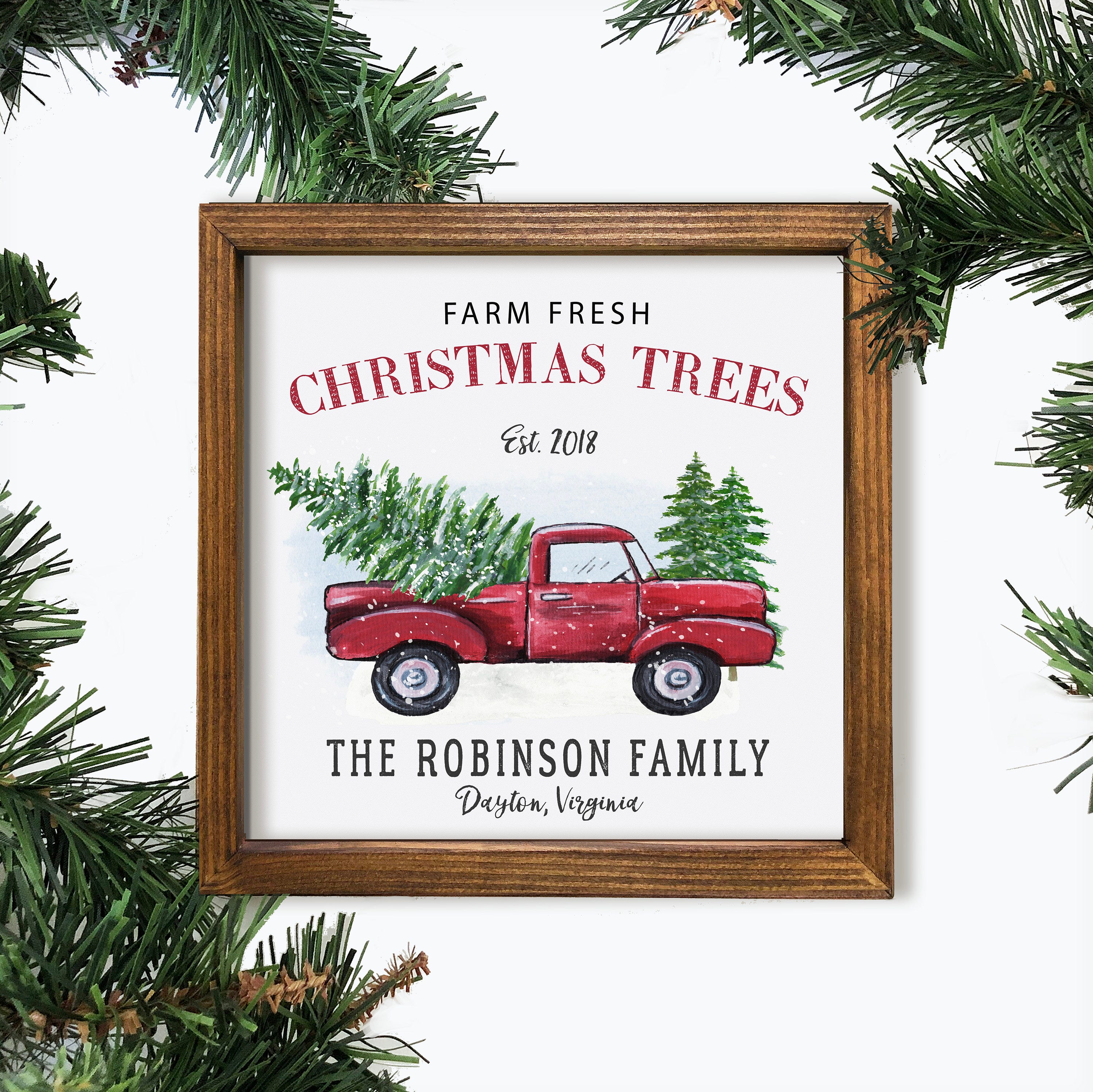Personalized Christmas Truck Wood Sign, Christmas Trees Family Sign, Customized Farmhouse Christmas Wall Sign, 6x6, 8x8, 10x10 Frame Sizes