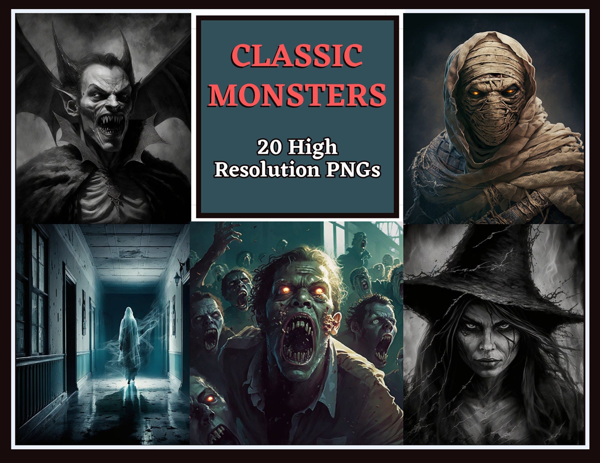 Classic Horror Monsters Horror Clipart 20 Pack | PNG | Creepy Horror Clip Art | Zombies | Witches | Ghosts | Vampires | Werewolf