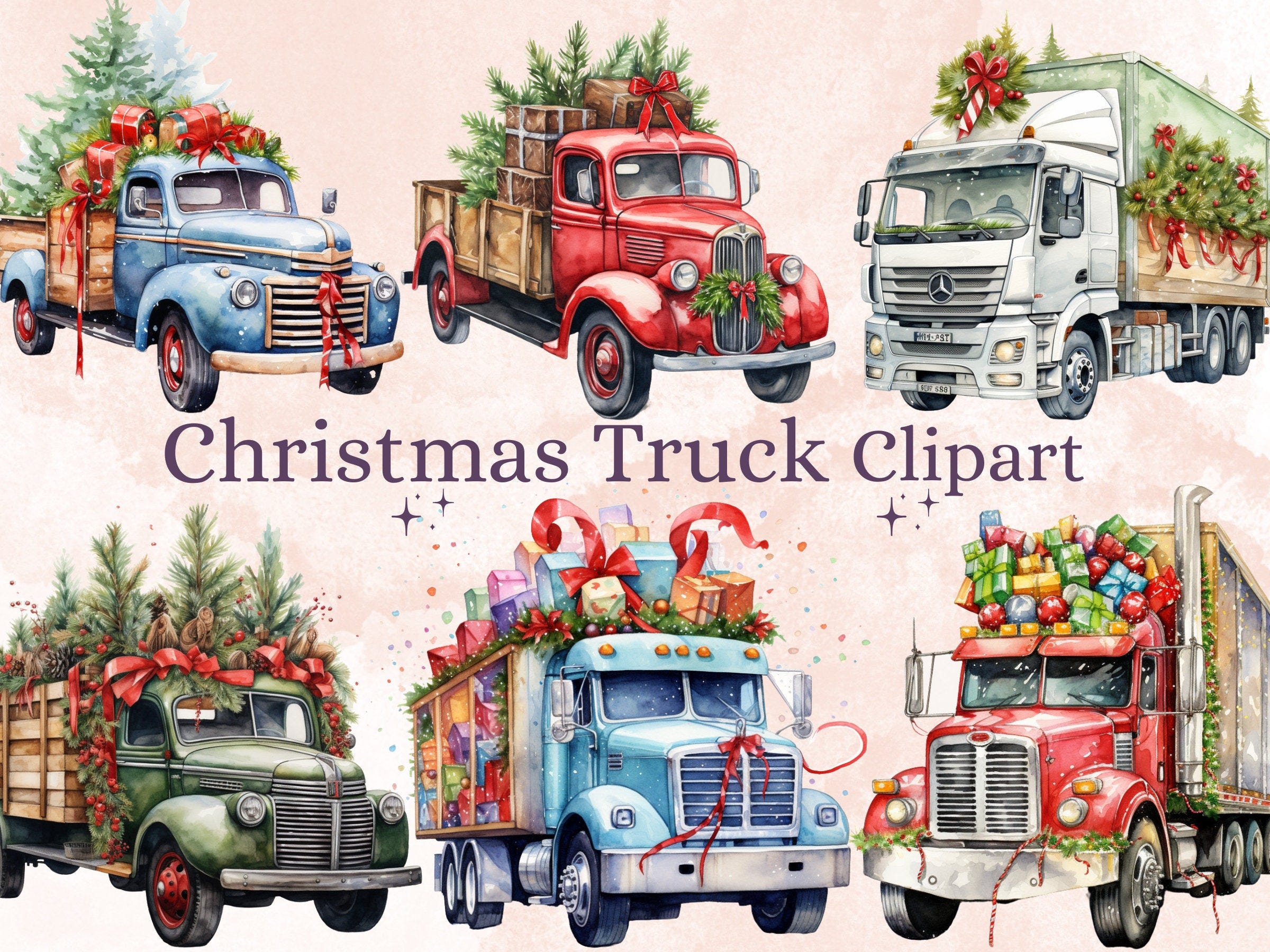 22 PNG Watercolor Christmas Truck Clipart, Merry Christmas Tree Truck Clip art Bundle, Vintage Farm Truck png, Xmas Noel Sublimation Bundle