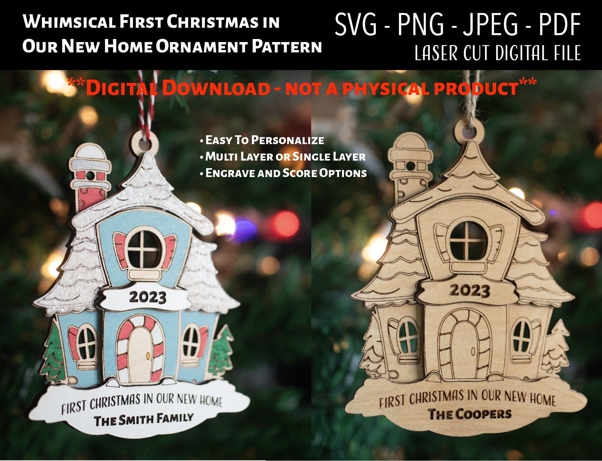 Laser Cut Digital File / First Christmas in Our New Home Family Christmas Ornament SVG, PNG / Glowforge / Personalized Names / Gingerbread