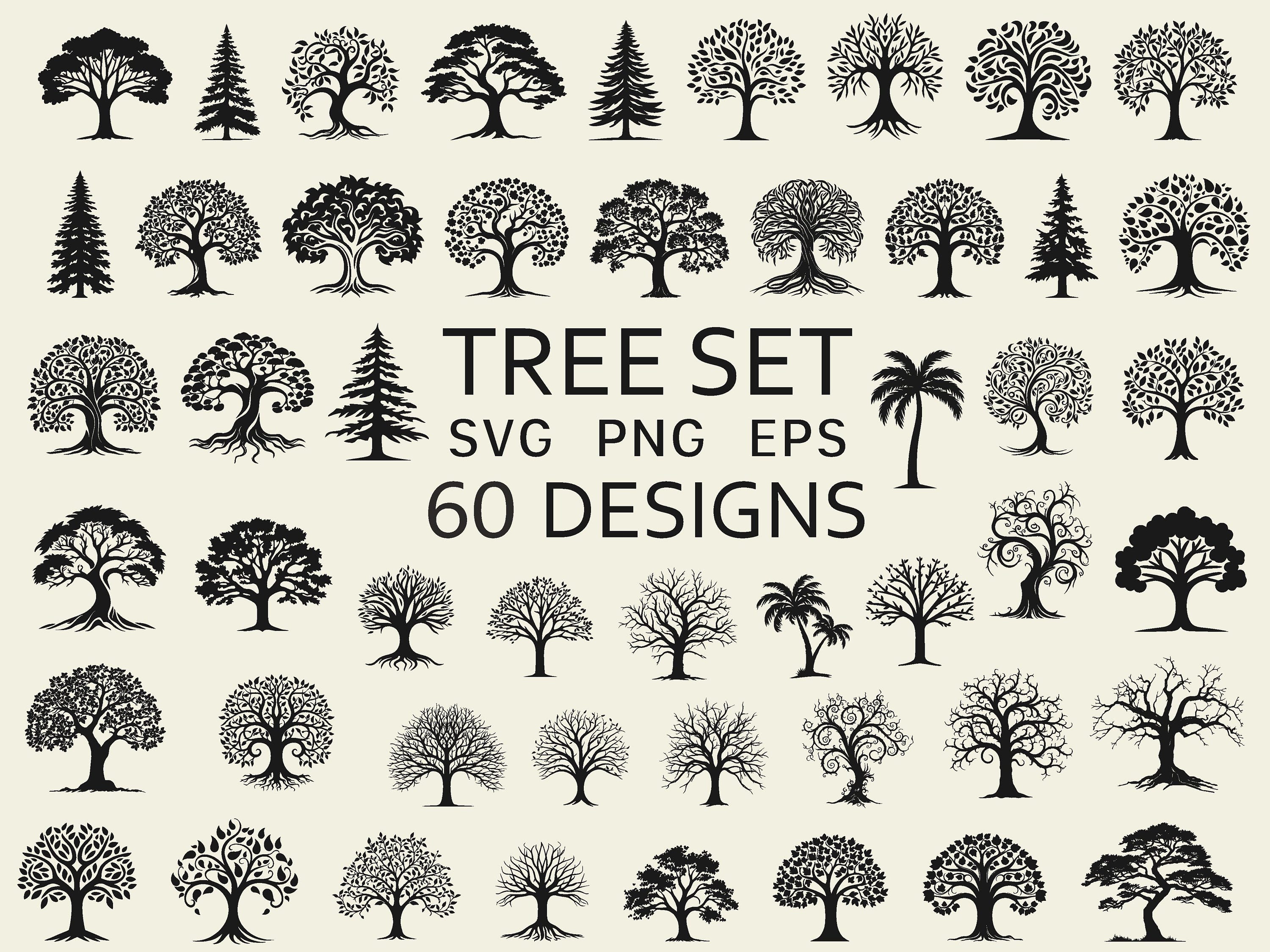 Tree Silhouette SVG Bundle - Forest Vector Bundle - Hand Drawn Trees PNG and SVG - Commercial Use - Cut Files for Cricut - Digital Download