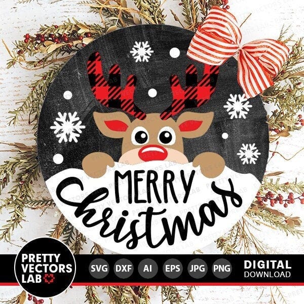 Merry Christmas Svg, Reindeer Welcome Svg, Farmhouse Svg, Round Sign Svg, Holidays Cut File, Funny Winter Svg Dxf Eps Png, Silhouette Cricut