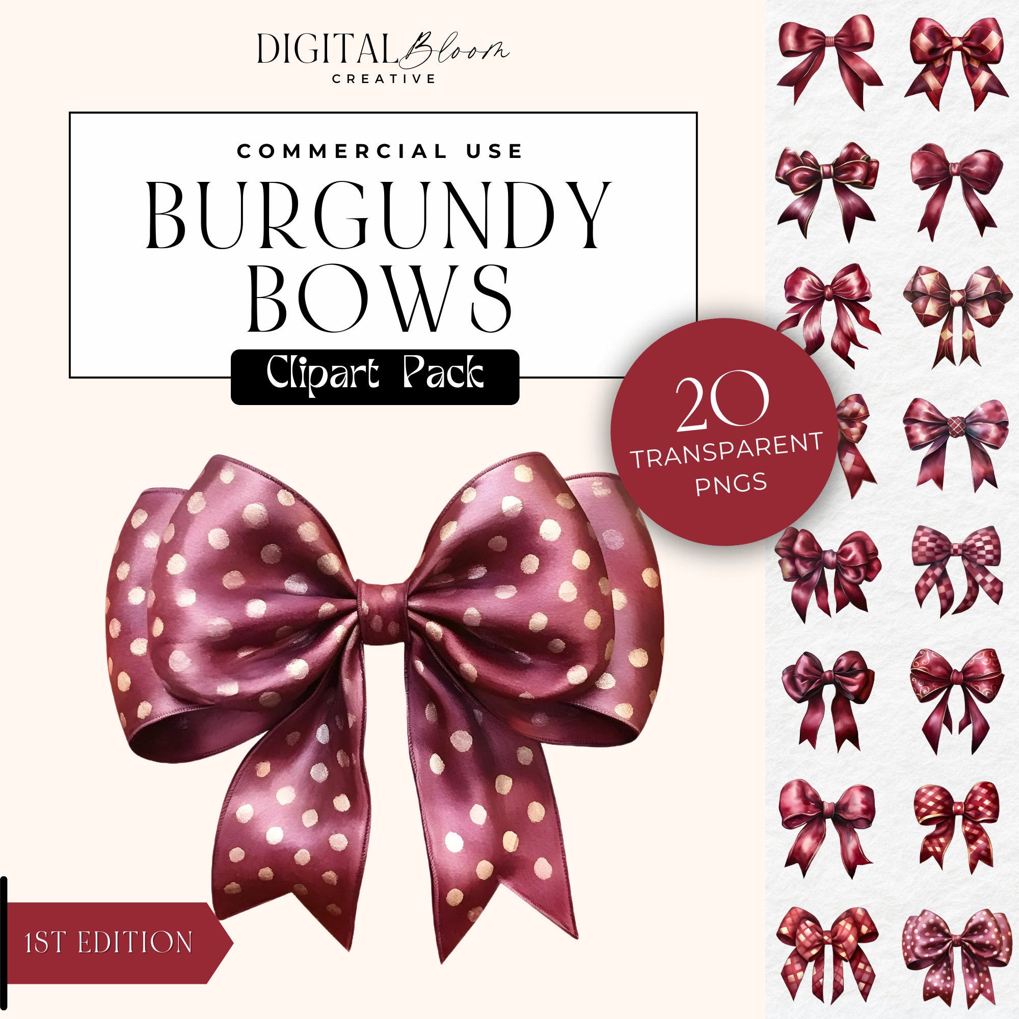 Ribbon Bow Clipart Transparent png, Burgundy Red, Watercolor Coquette Bow, Digital Download, Scrapbook Wedding Clip Art, Commercial Use