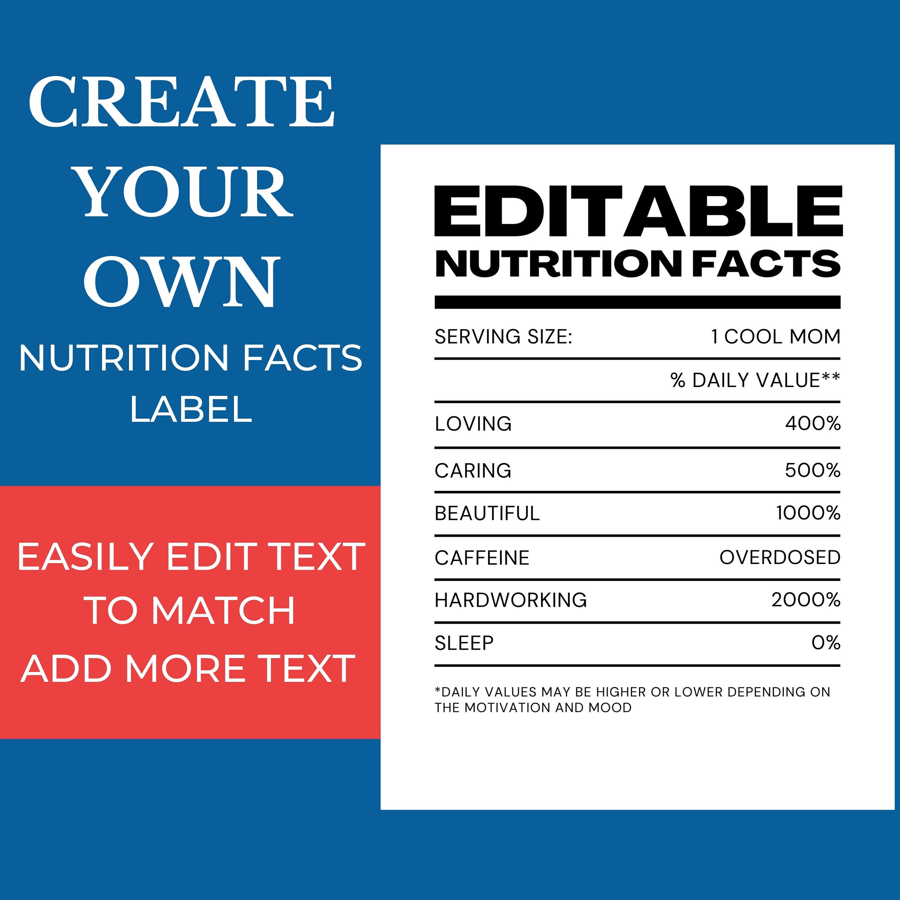 Nutrition Facts Editable Canva Template | Customizable Nutrition Facts Design Editable Text
