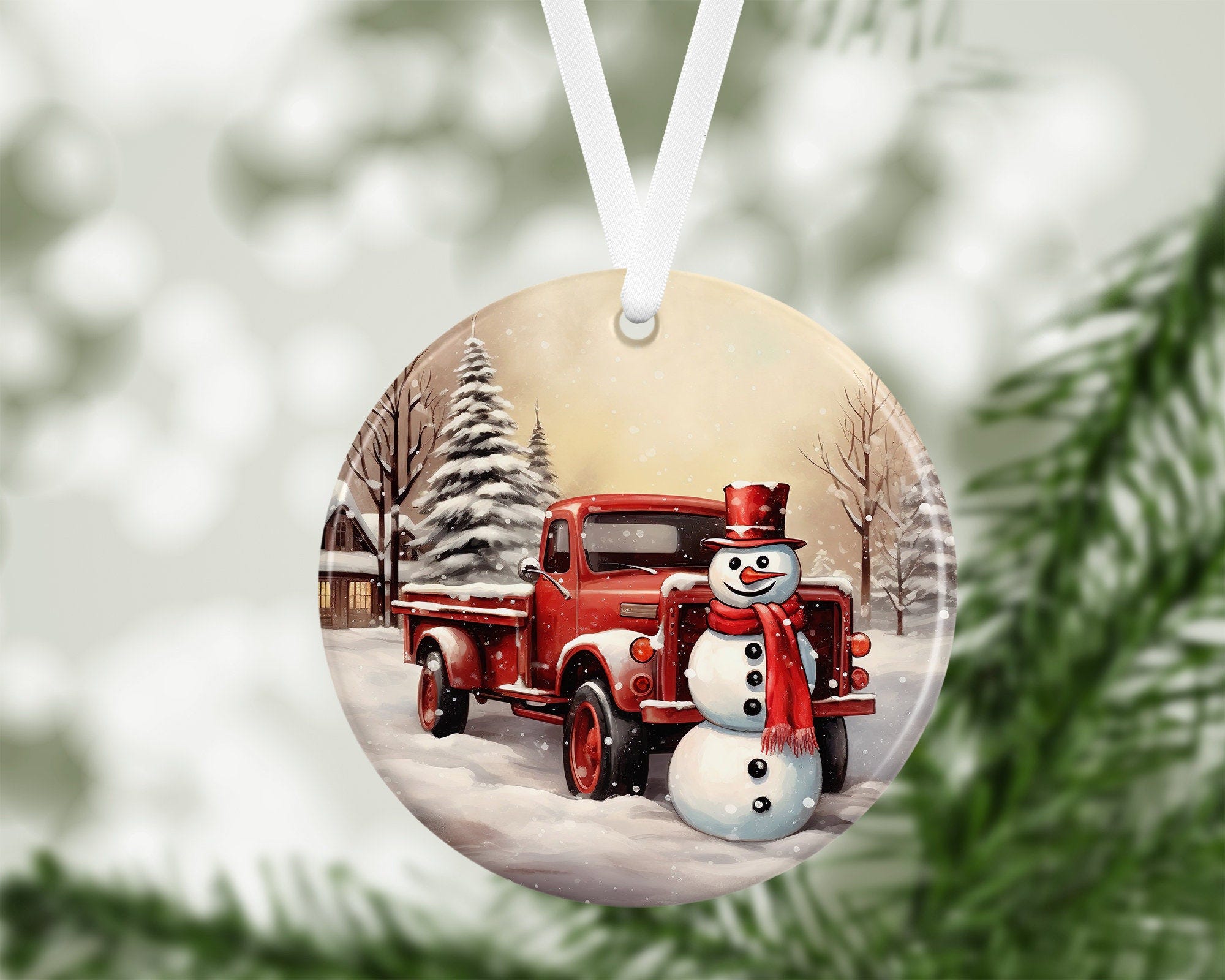 Red Vintage Truck Snowman Christmas Ornament Sublimation Design, Instant Digital Download,  Christmas Round Ornament PNG