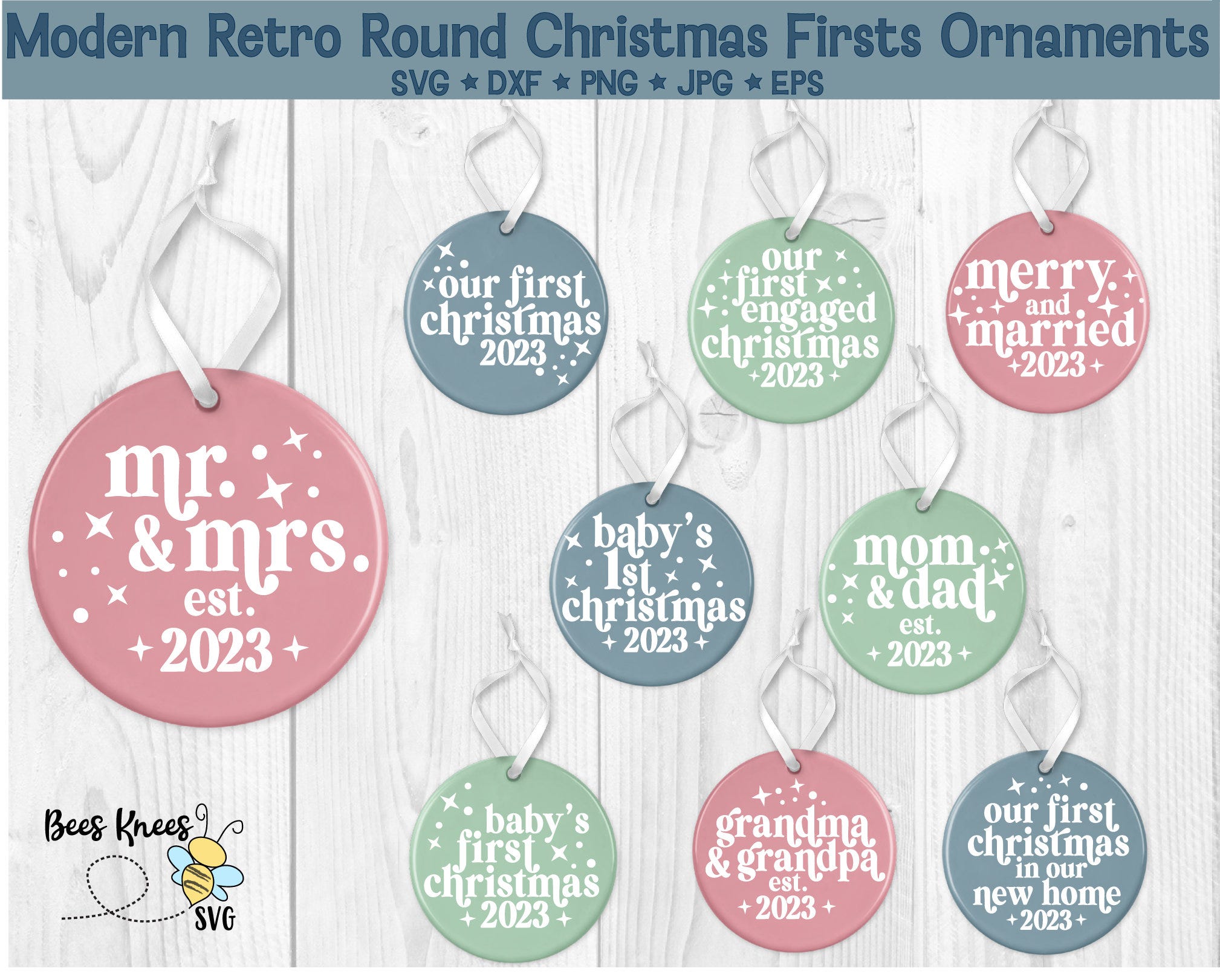 Round Christmas Firsts Ornament 2023 Bundle Svg, Modern Retro Christmas Ornament Svg, Baby
