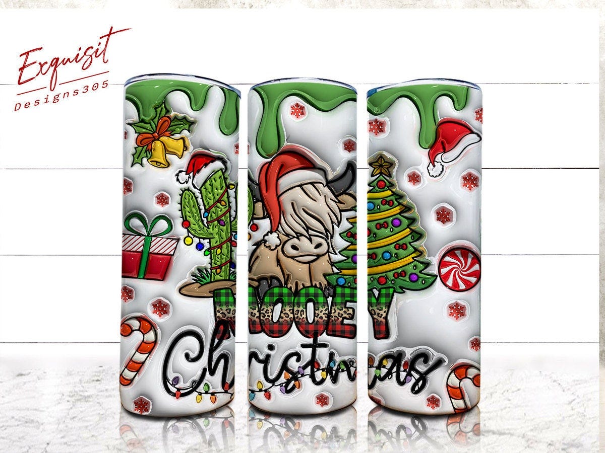 3D Inflated Highland Cow Christmas, Mooey Christmas Tumbler, Western Christmas Tumbler, Howdy Christmas Tumbler, Christmas Tumbler Wrap