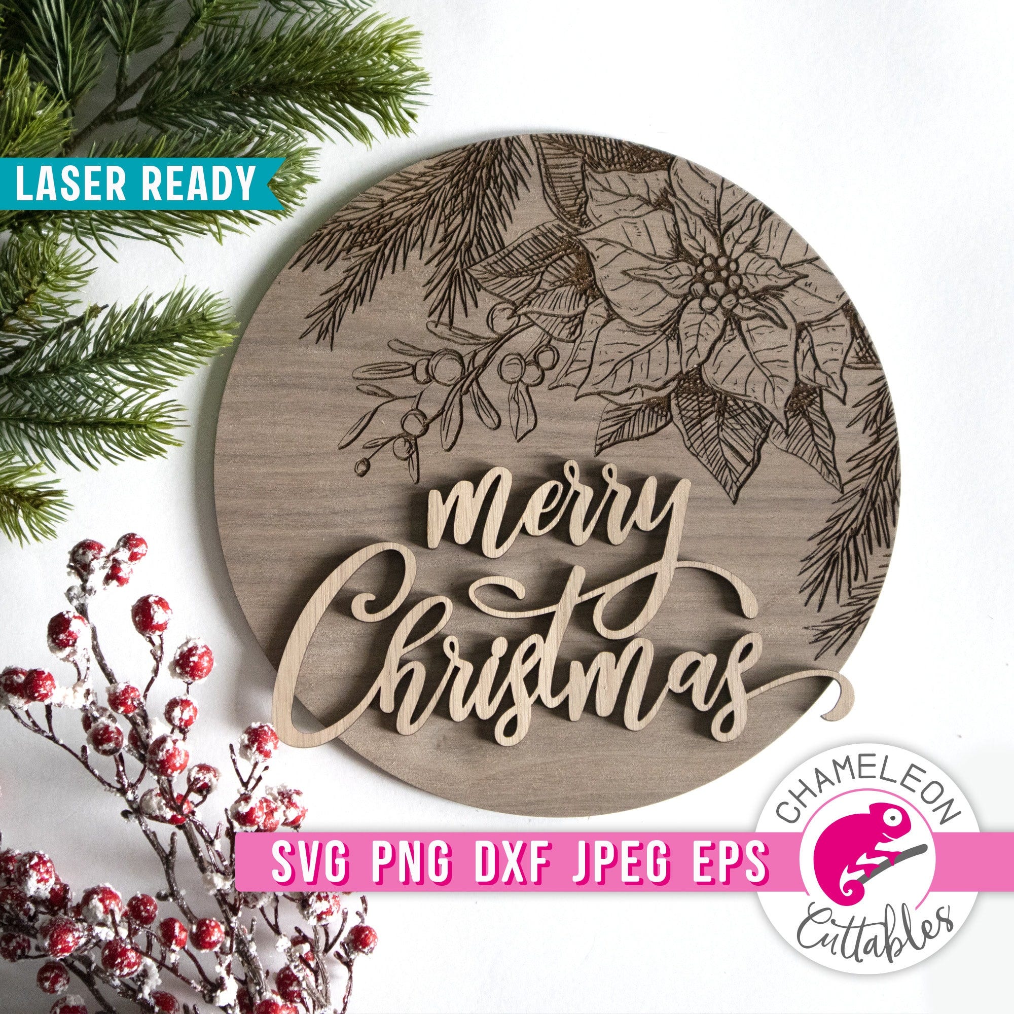 SVG, PNG, DXF, Jpeg, Christmas sign svg with hand drawn Poinsettia graphic for laser cutters, Glowforge  file, Thunder file, Digital Design