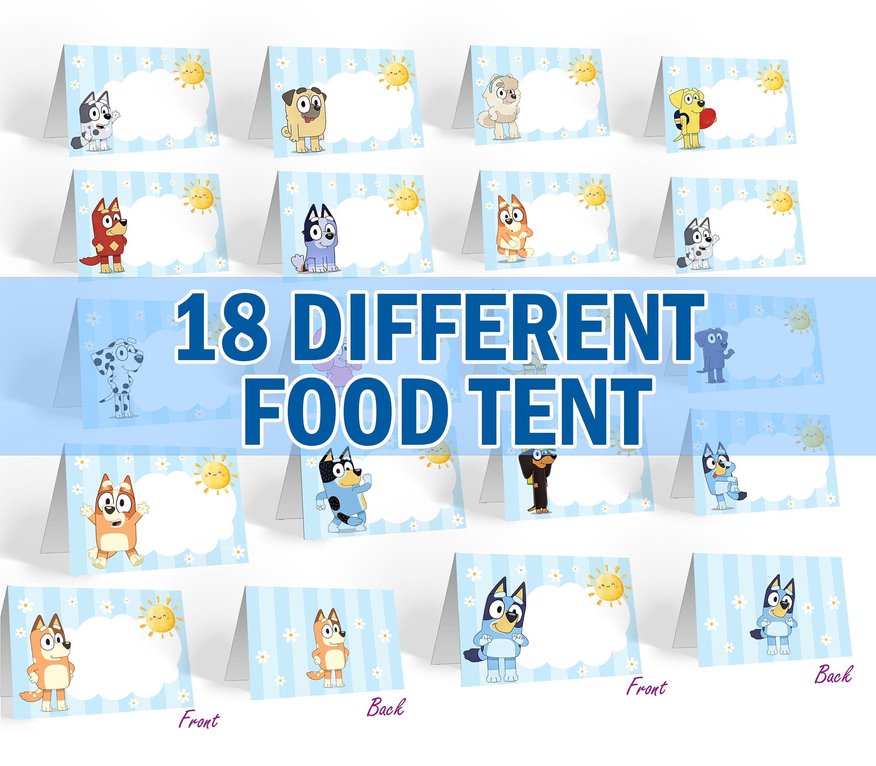 18 Different Bluey and Bingo Birthday Party Place Card, Party Decor Food Label, Bluey Party Supplies Favor Food Center Card