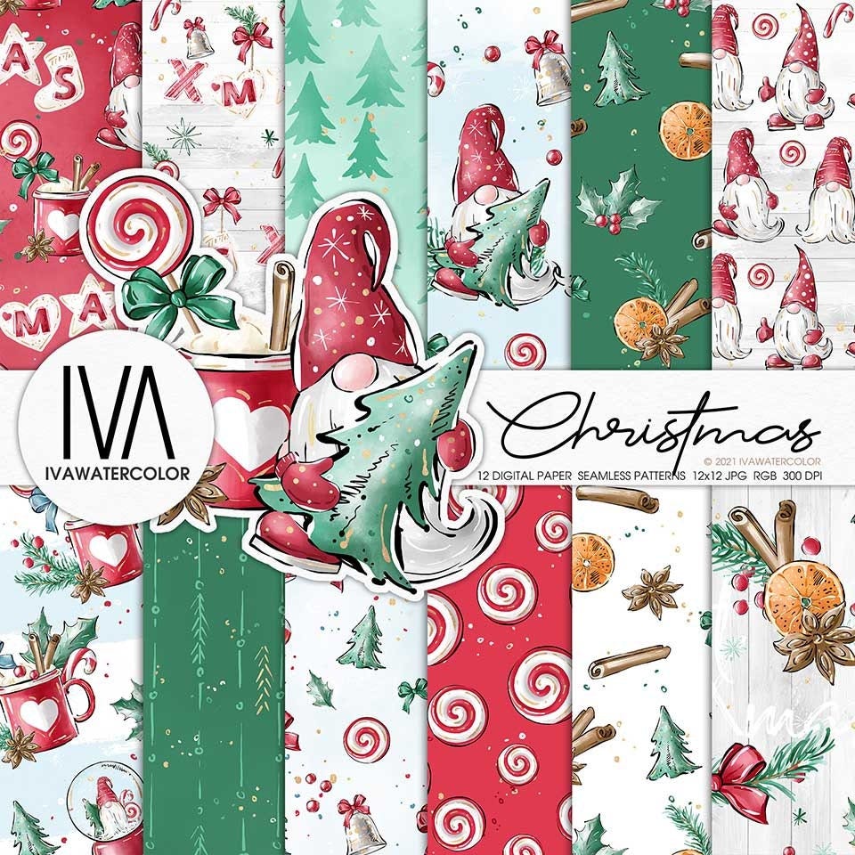 Christmas Gnome digital paper, Xmas digital paper pack Cinnamon, Gnomes Xmas pattern, Cute Christmas pattern, Gnome pattern, Hand drawn