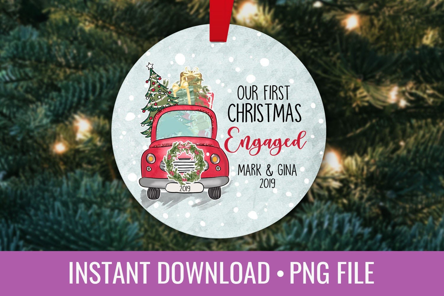 Vintage Farm Truck First Christmas Engaged Round Ornament Sublimation Template PNG Instant Download