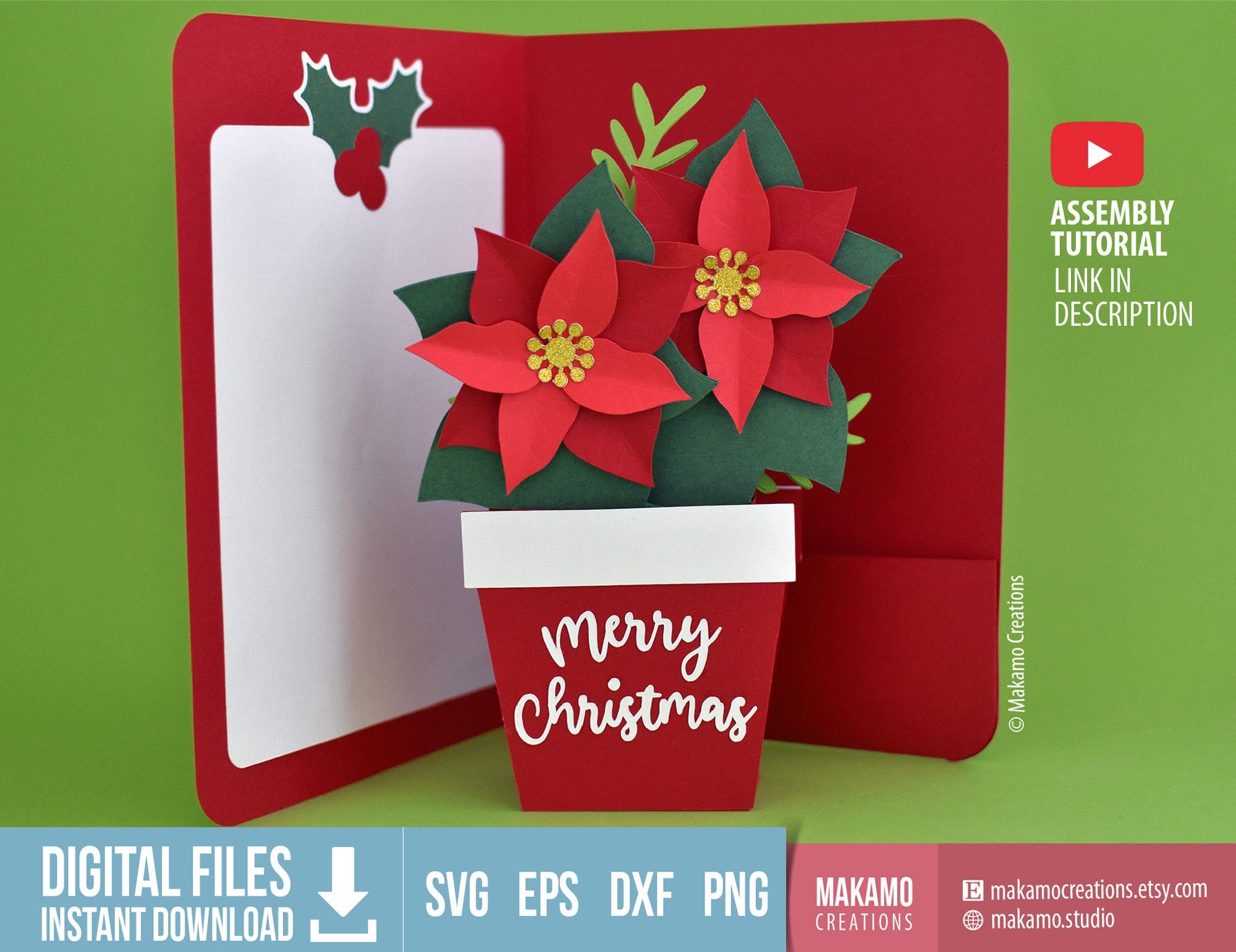 Christmas card SVG, 3D Poinsettia Box Card SVG Template, DIY Christmas Pop Up card, Digital cut files for Cricut, Poinsettia decor