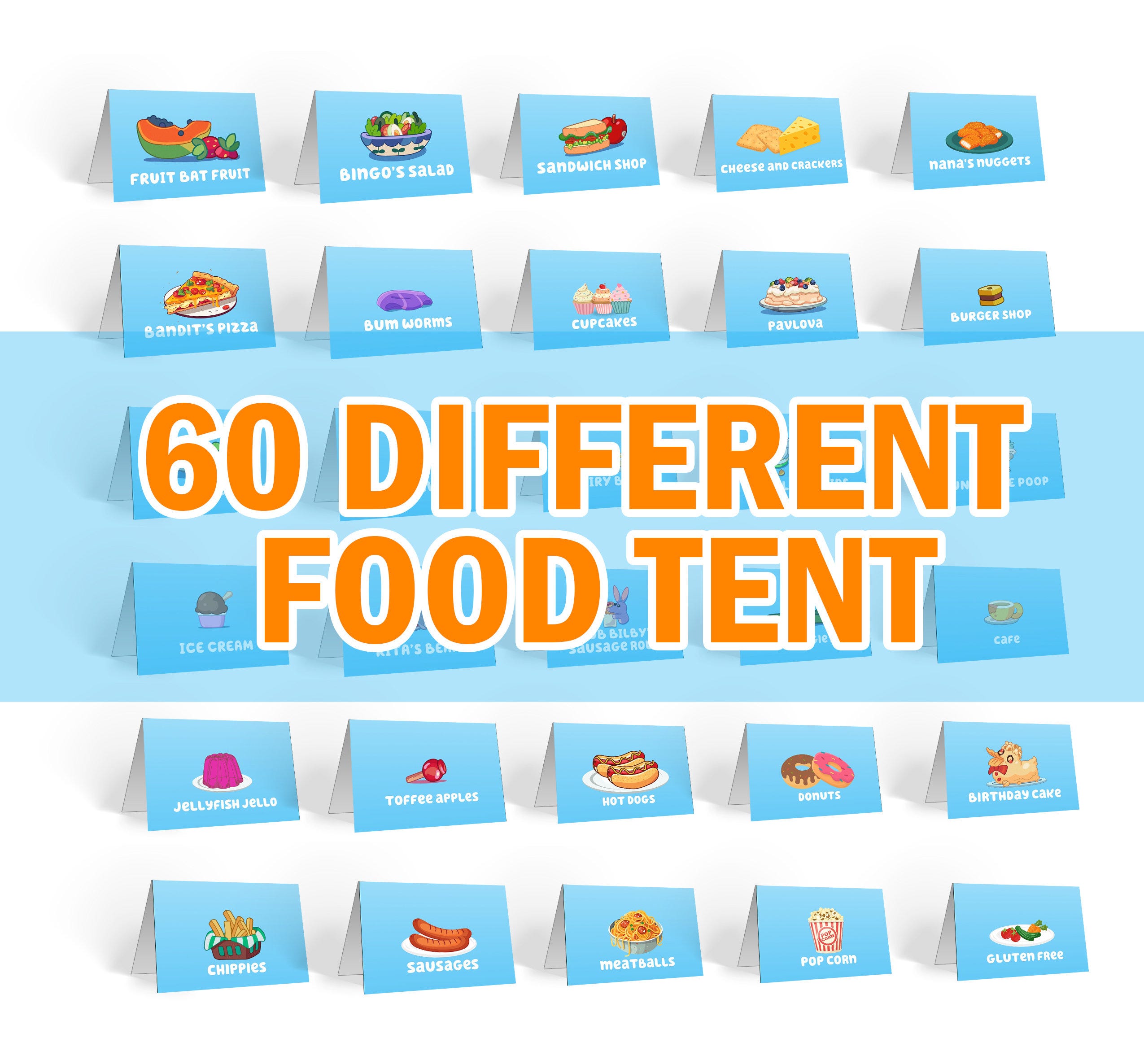 60 Different Blue Birthday Party Food Tent, Party Decor Food Label, Bluey Party Place Card Supplies Favor Food Center Card Printable File