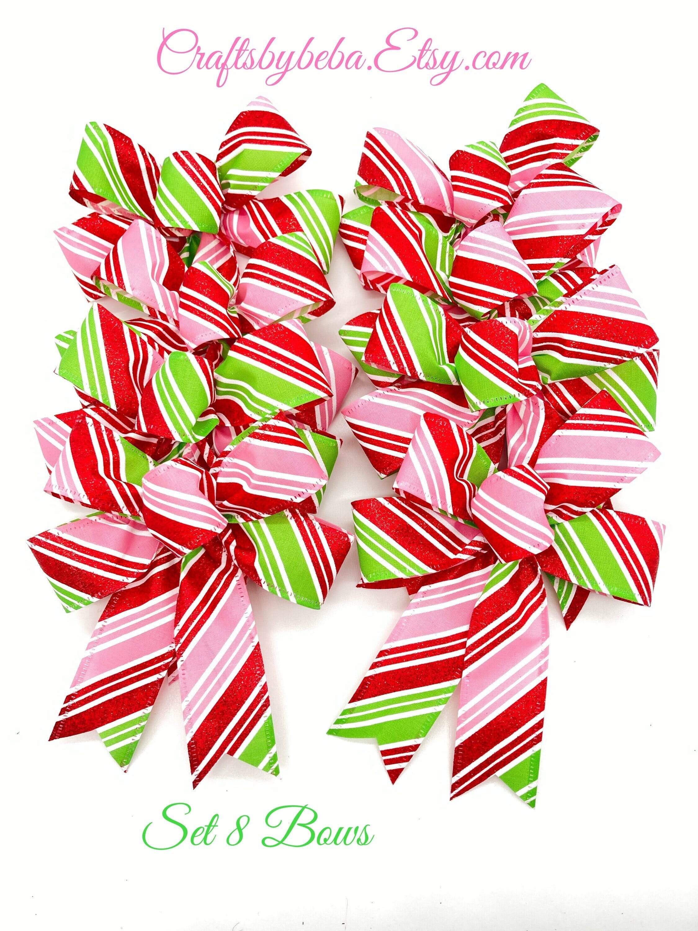 Christmas Whimsical Tree Bows / Set 8 Bows / Pink , Red and Green Christmas Bows / Christmas Diagonal Stripes Decorative Bows/Pink Christmas