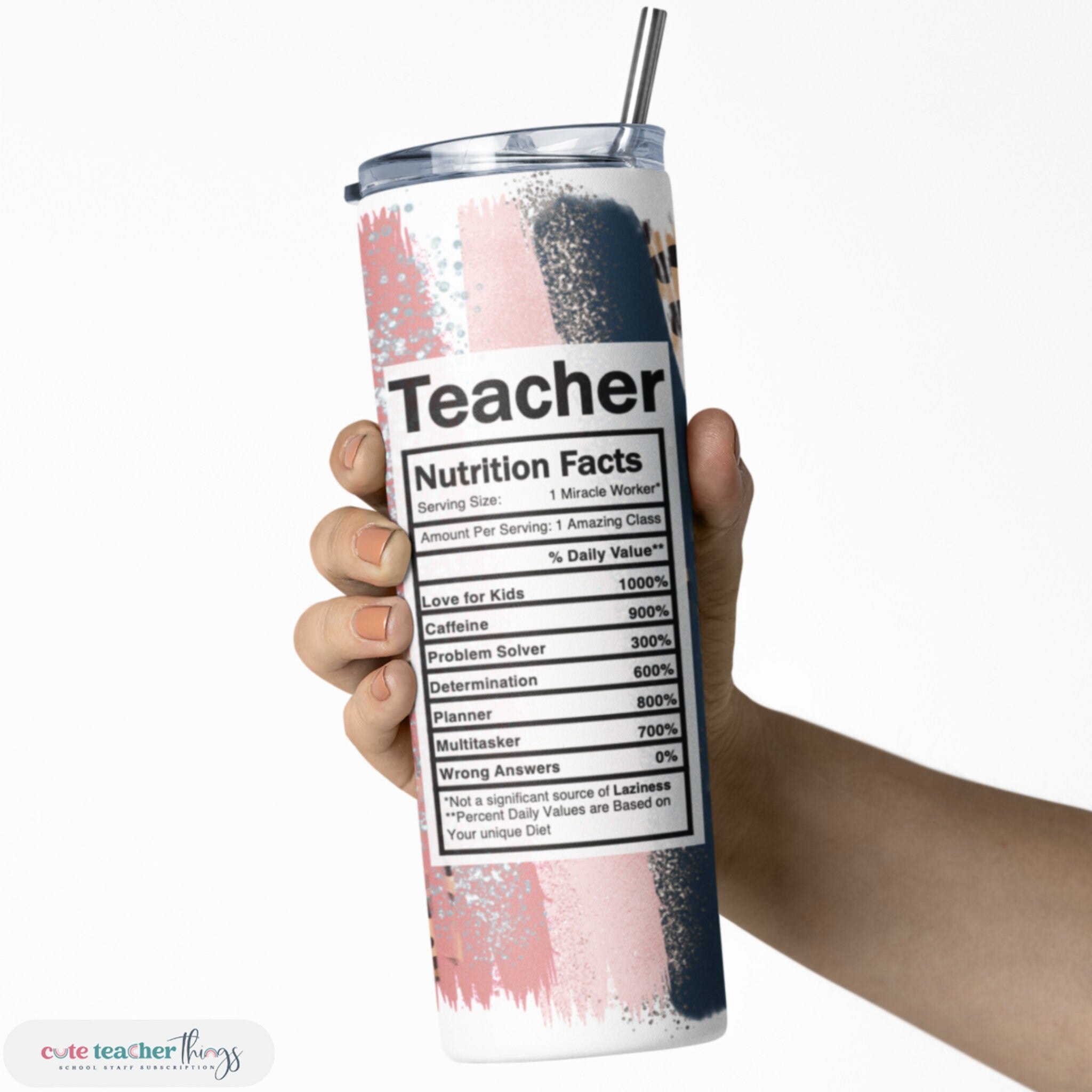 Teacher Nutrition Fact Tumbler | 20oz Skinny Tumbler with Lid & Straw | Teacher Appreciation