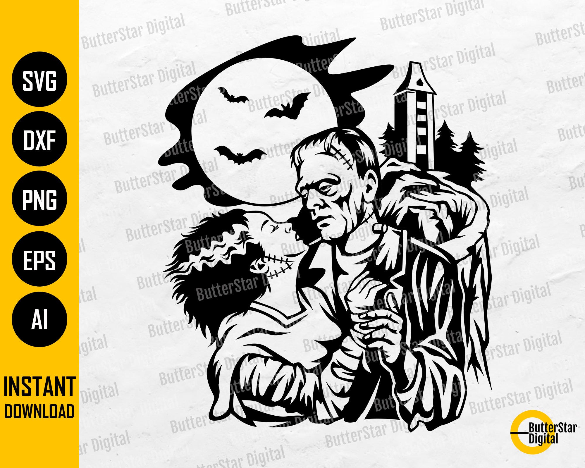 Frankenstein And Bride SVG | Horror Scene SVG | Monster T-Shirt Decal Vinyl Stencil | Cricut Cut File Clip Art Vector Digital Dxf Png Eps Ai