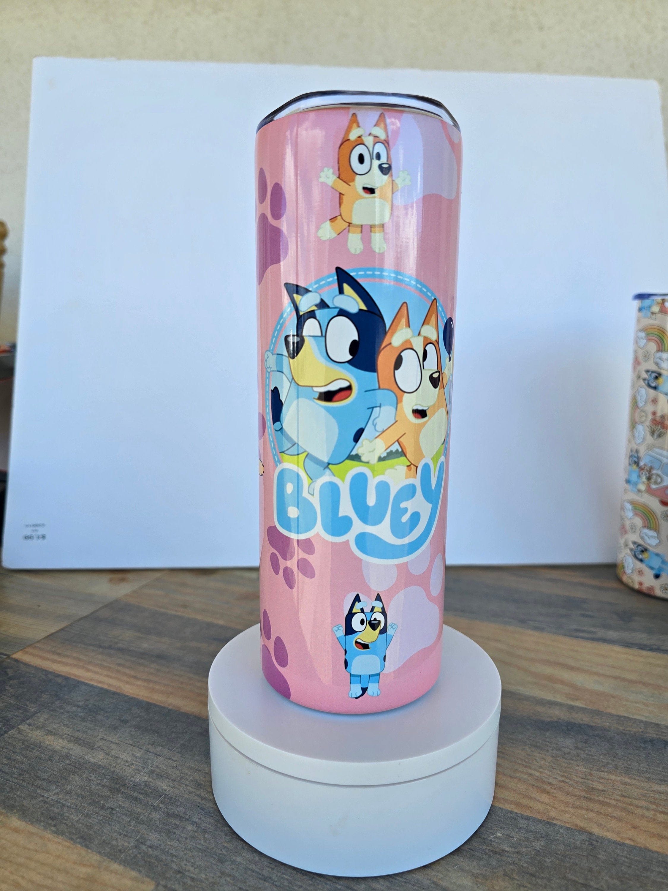 Bluey Inspired 20oz Pink Tumbler Cup Mug W/Lid, Straw and box Free Shipping Cartoon blue dog Disney gift for  girl