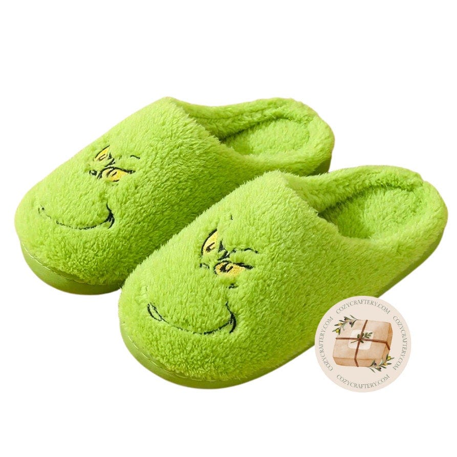 Christmas Grinch Slippers | Green Grinch Indoor Soft Plush Fuzzy House Shoes Footwear | Whovile Christmas Gifts |