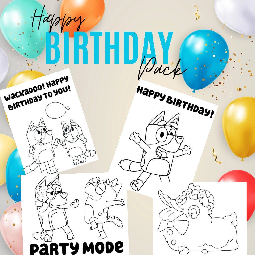 Bluey Bingo Birthday Pack - 4 Pack Digital Download - Coloring Pages to Print at Home - Bluey Birthday Party Favor - Bluey Birthday Gift