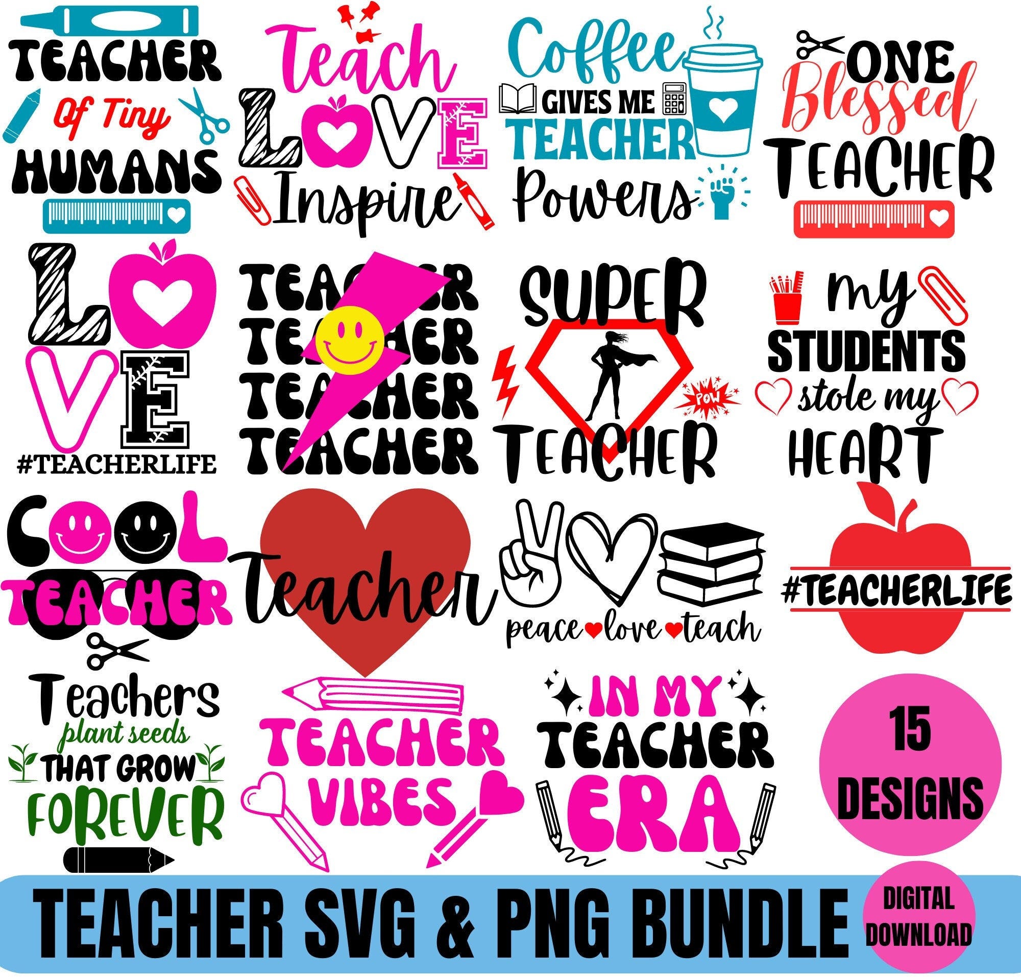 Teacher Svg Bundle, Teacher Shirt Svg Bundle, Shirt Designs For Teachers, Teacher Png Bundle, School Teacher Png, Teacher Design Bundle