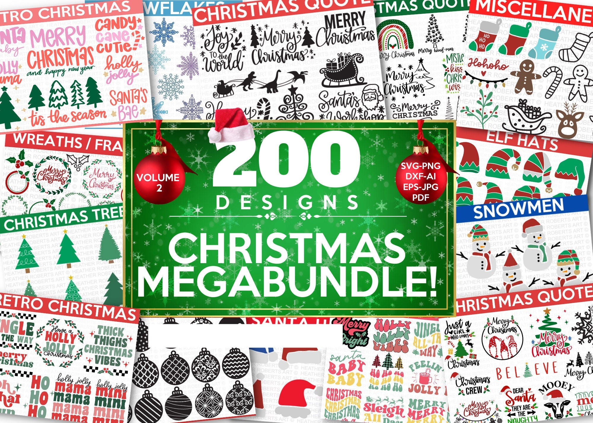CHRISTMAS MEGA BUNDLE Volume 2, 200 Designs, Heather Roberts Art Bundle, Christmas svg, Winter svg, Holidays, Cut Files Cricut, Silhouette