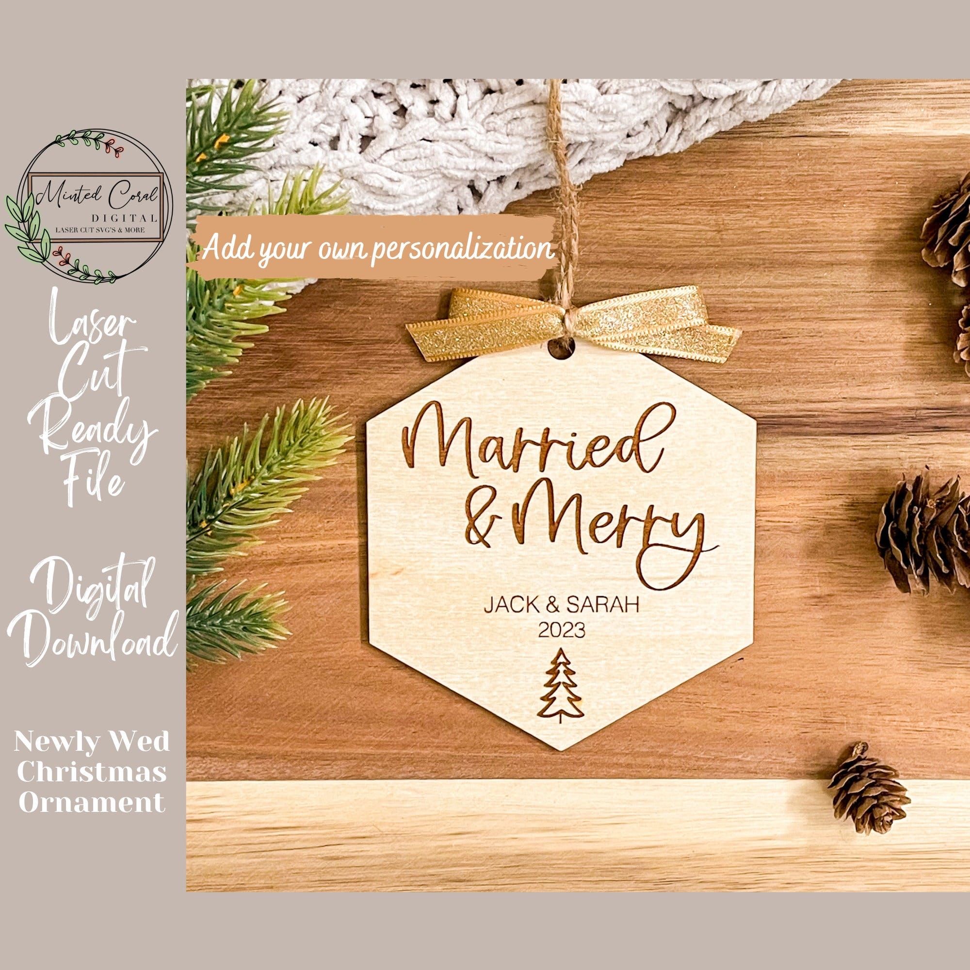 Married and Merry Christmas Ornament SVG, Digital File, Newly Weds, Gift, Glowforge, Mr and Mrs, Laser Cutter, Download,