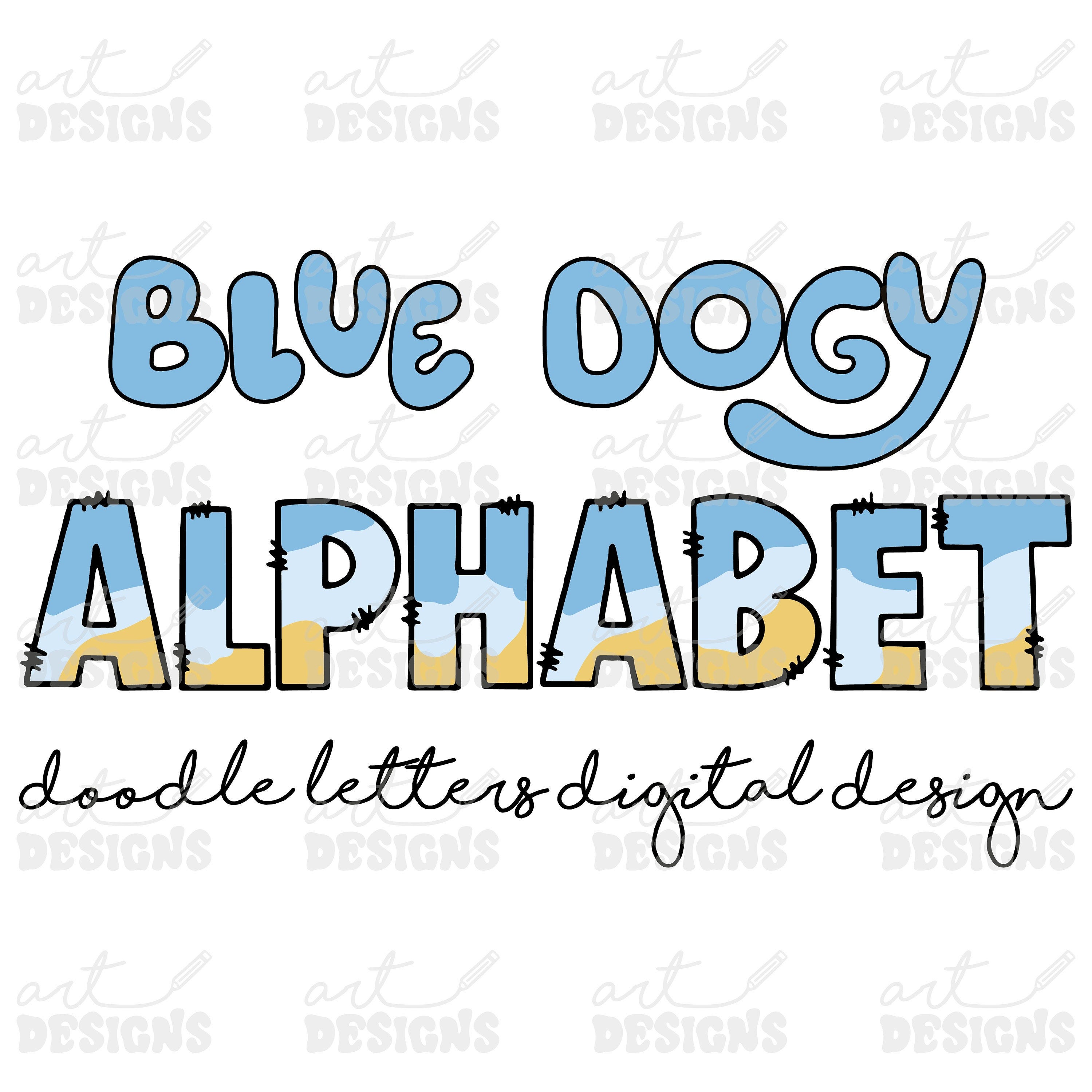 Blue Dog Doodle Letters + Clipart Elements, Uppercase Alphabet Set, Red Dog Sister Sublimation Letters, PNG