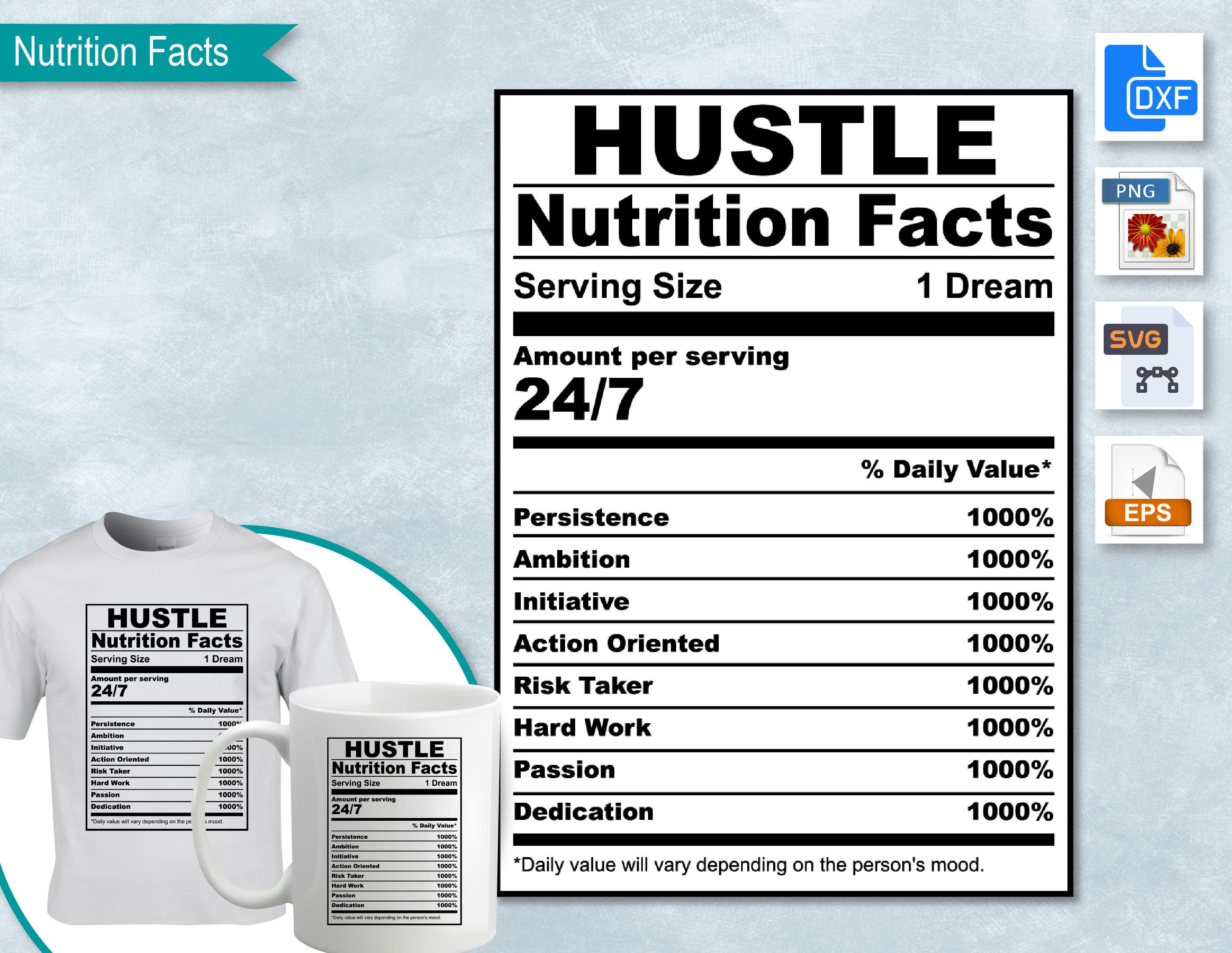Hustle Nutrition Facts, SVG Nutritional Fact Label Template, Printable, DIY, Eps, PNG, SvG, DxF, Cricut, Silhouette